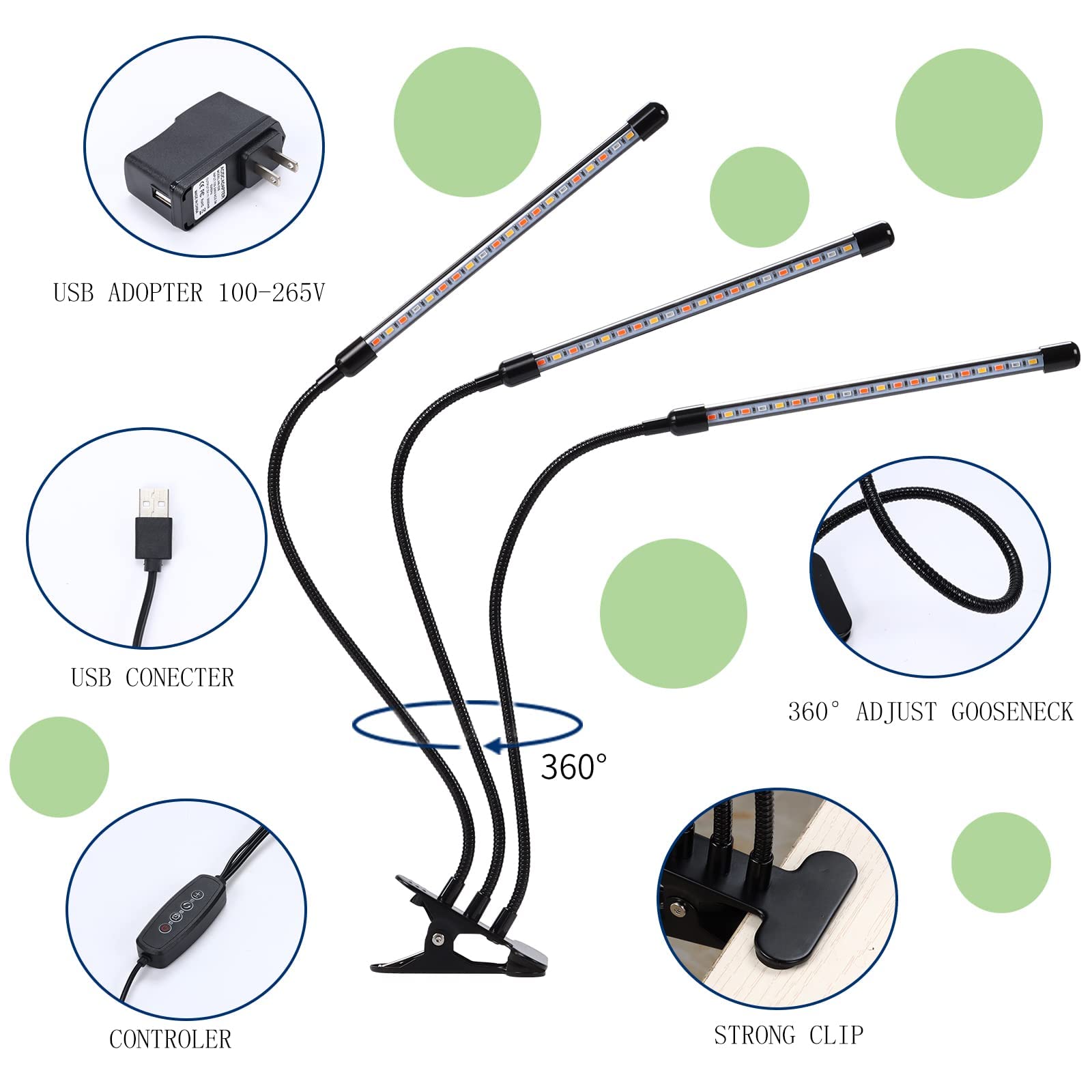 3 Head Full Spectrum LED Plant Grow Light with Timer, Adjustable Goose Neck & Clip - DC 5V Safe Indoor Gardening Lamp for Herbs, Flowers, Seedlings - Perfect for Home, Office & Greenhouse Use