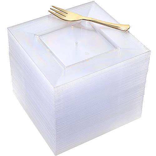 100pcs Square Dessert Plates with Gold Dessert Forks