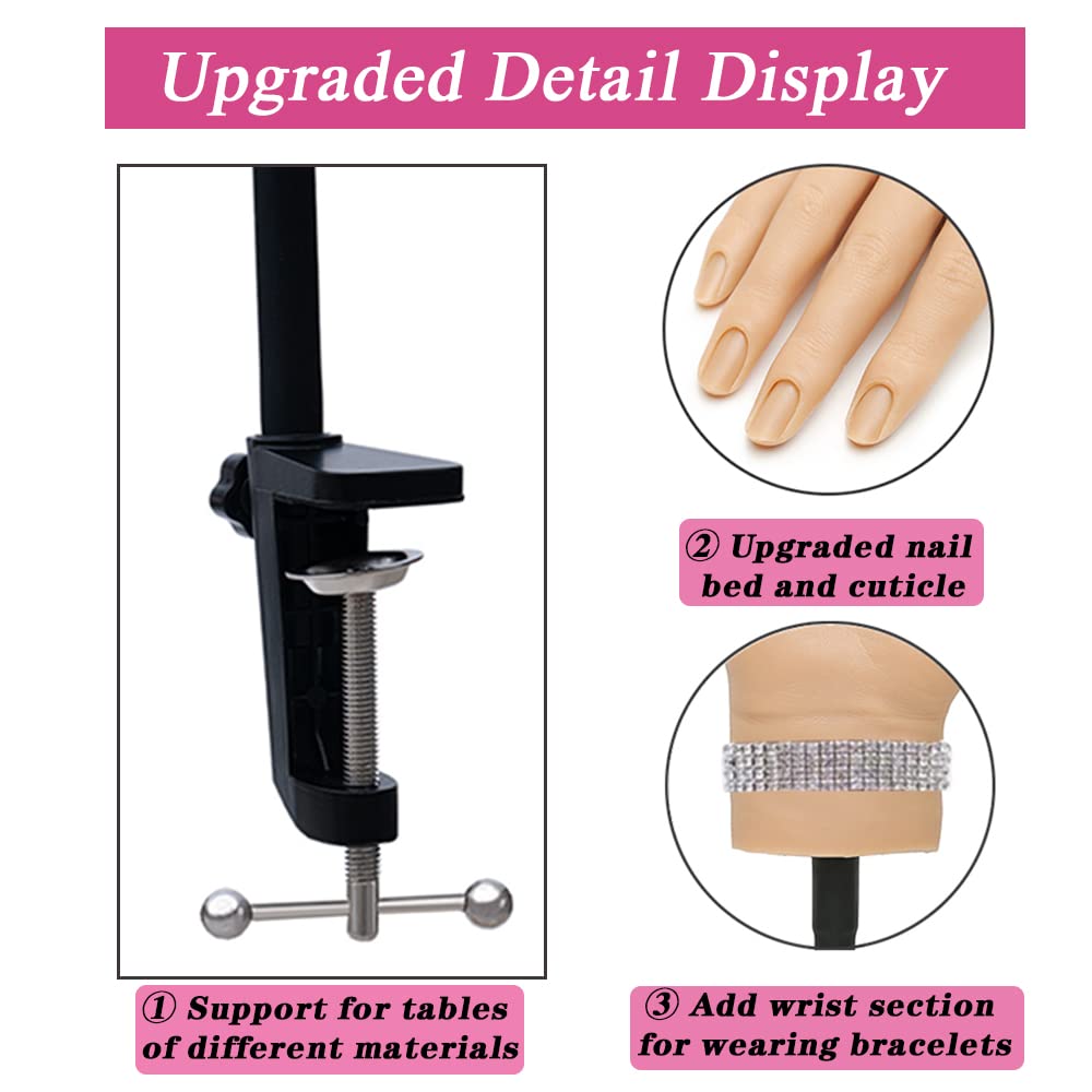 Professional Silicone Nail Practice Hand for Acrylic Nails - Realistic Training Mannequin with Adjustable Bracket & 50PCS Nail Tips - Perfect for Nail Art Practice, Salon Training & Home Use - Easy to Clean & Reusable