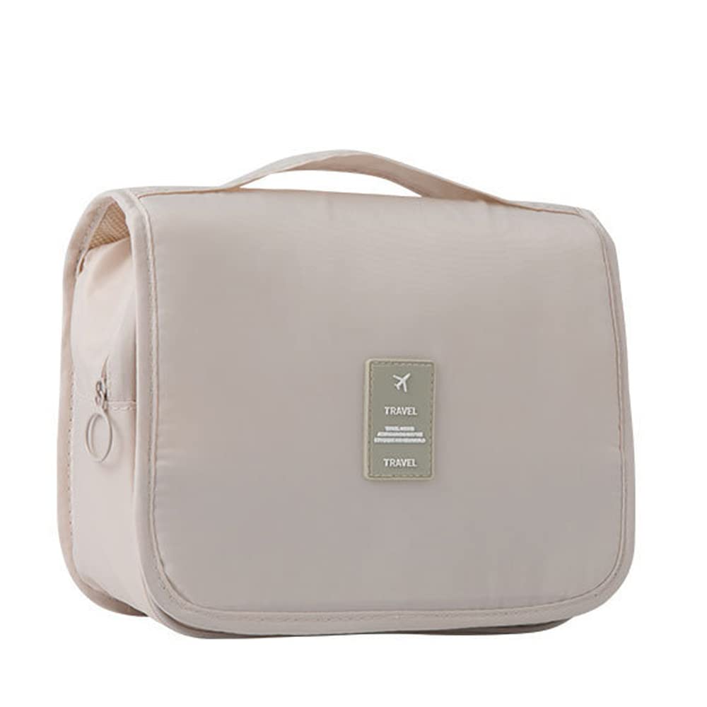 Hanging Cosmetic Bag for Travel - Large Capacity Waterproof Makeup Organizer, Foldable Hanging Toiletry Storage Pouch (Beige) - Perfect for Bathroom, Camping & Airplane Carry On