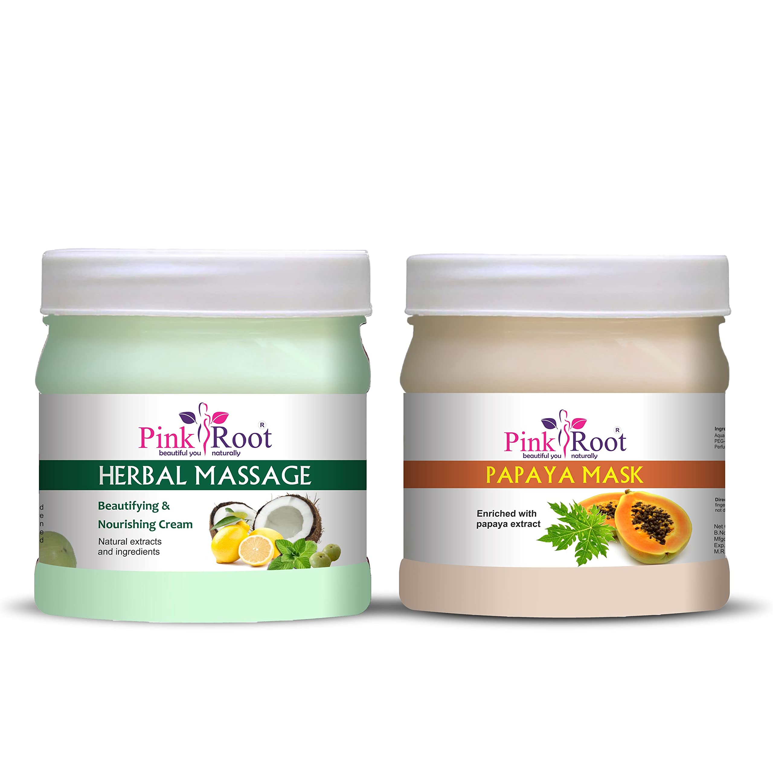 Pink Root Herbal Massage Cream 500g & Papaya Mask 500g - Natural Skincare Set for Relaxation & Brightening | Perfect for Spa, Home Massage & Facial Care