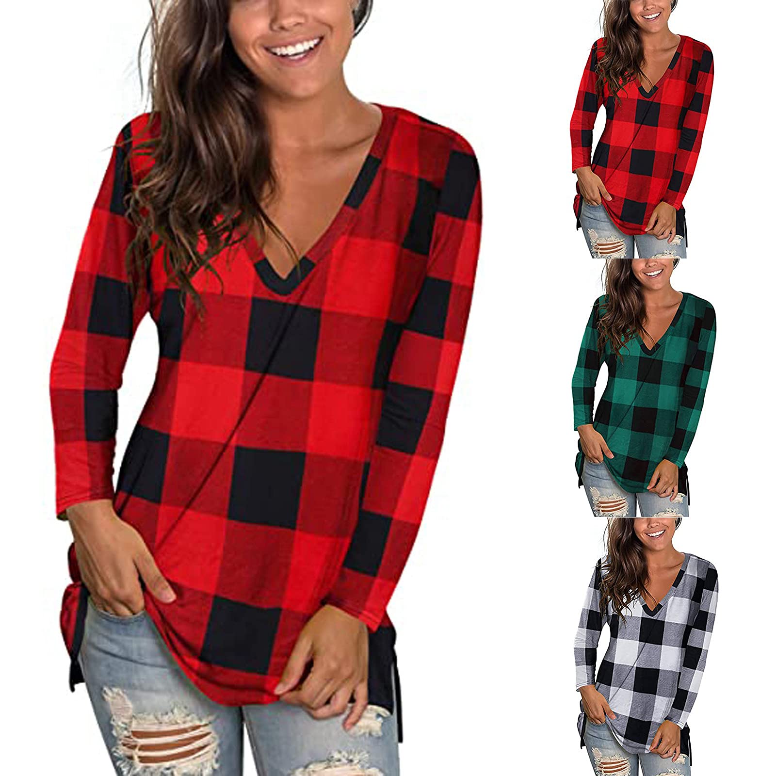 Women's Plaid Long Sleeve T-Shirt - Summer Fashion Loose Fit V-Neck Tunic Top - Casual Oversized Pullover Blouse for Women - Perfect for Work, Weekend & Layering
