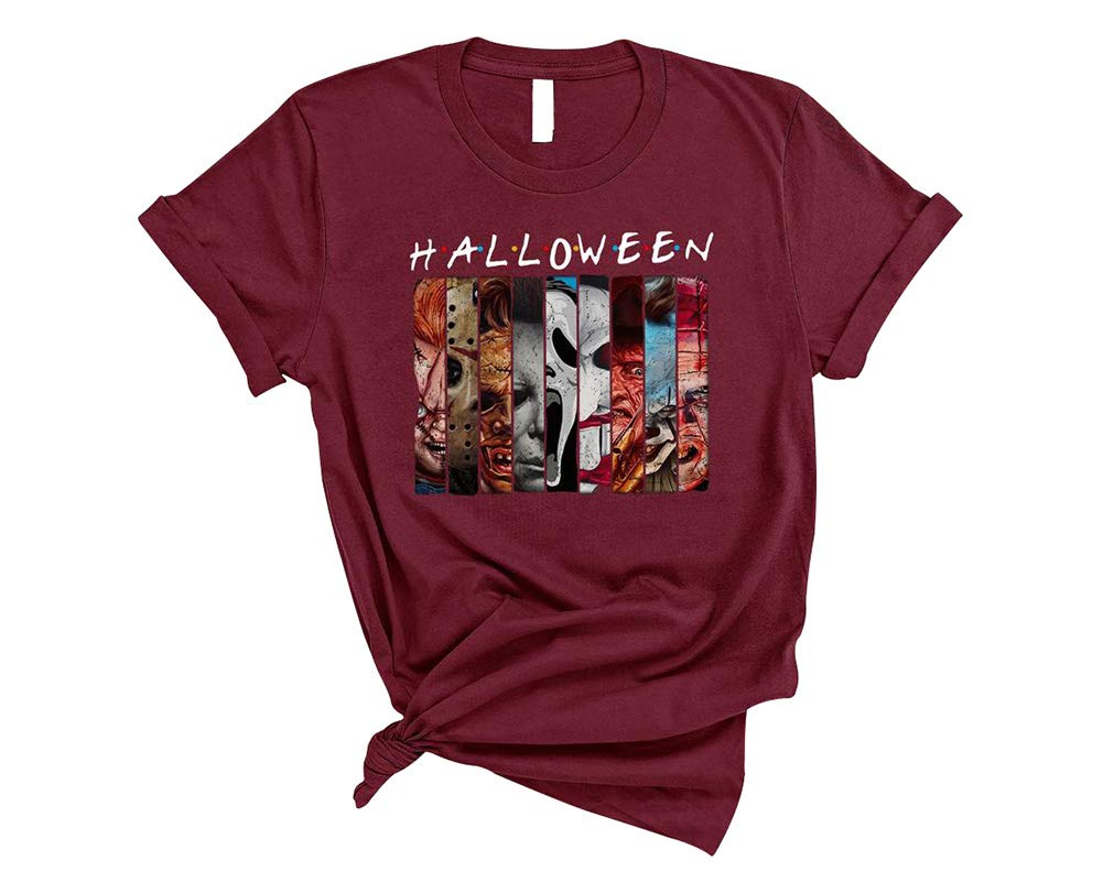 Women's Friends Halloween Horror Movie Shirt - Spooky Graphic Novelty Tee with Horror Face Characters for Halloween Parties & Costume Nights