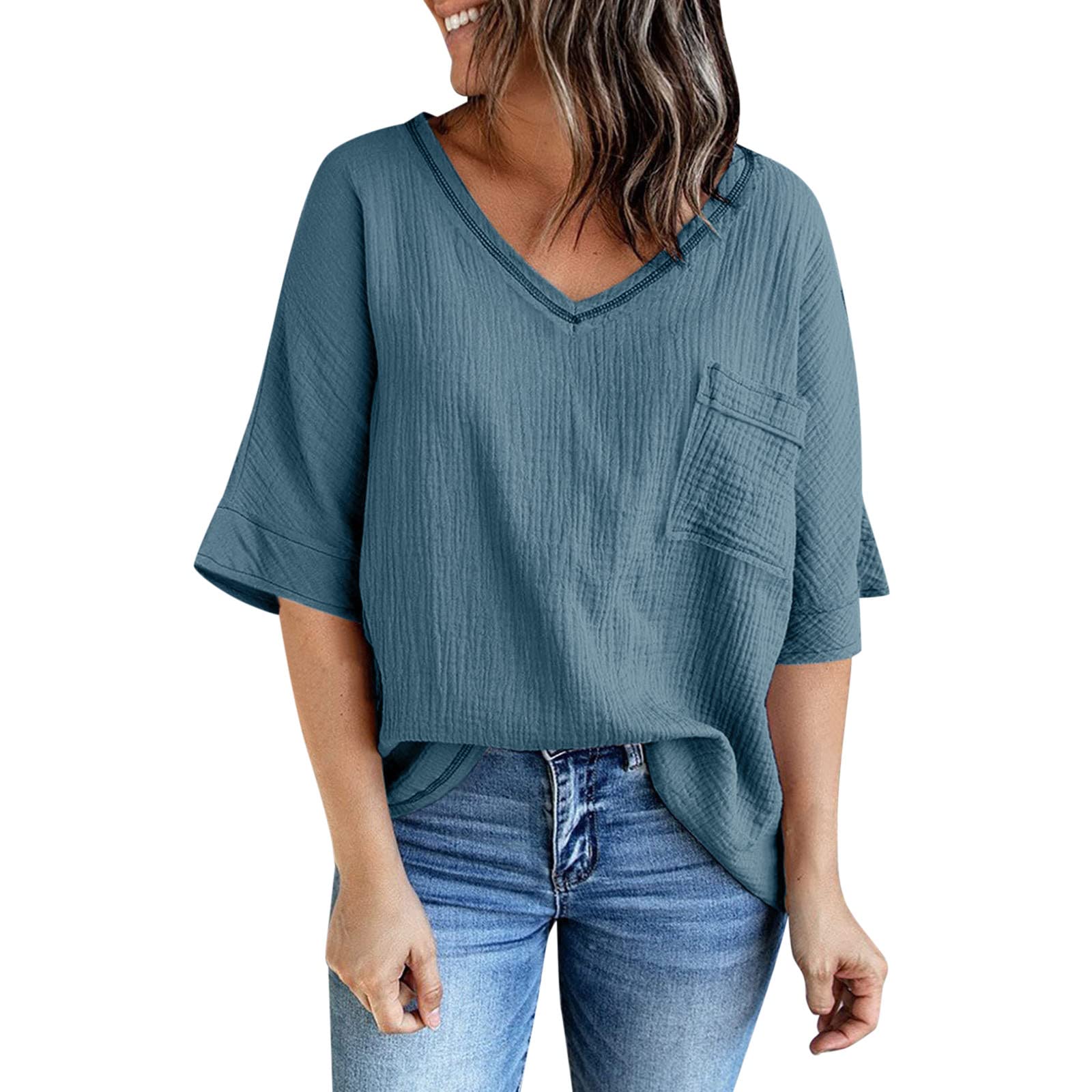 Women's Casual V-Neck 3/4 Sleeve Tunic Top with Side Split Hem - Loose Summer Blouse for Everyday Wear | Perfect for Office, Beach & Weekend Outings