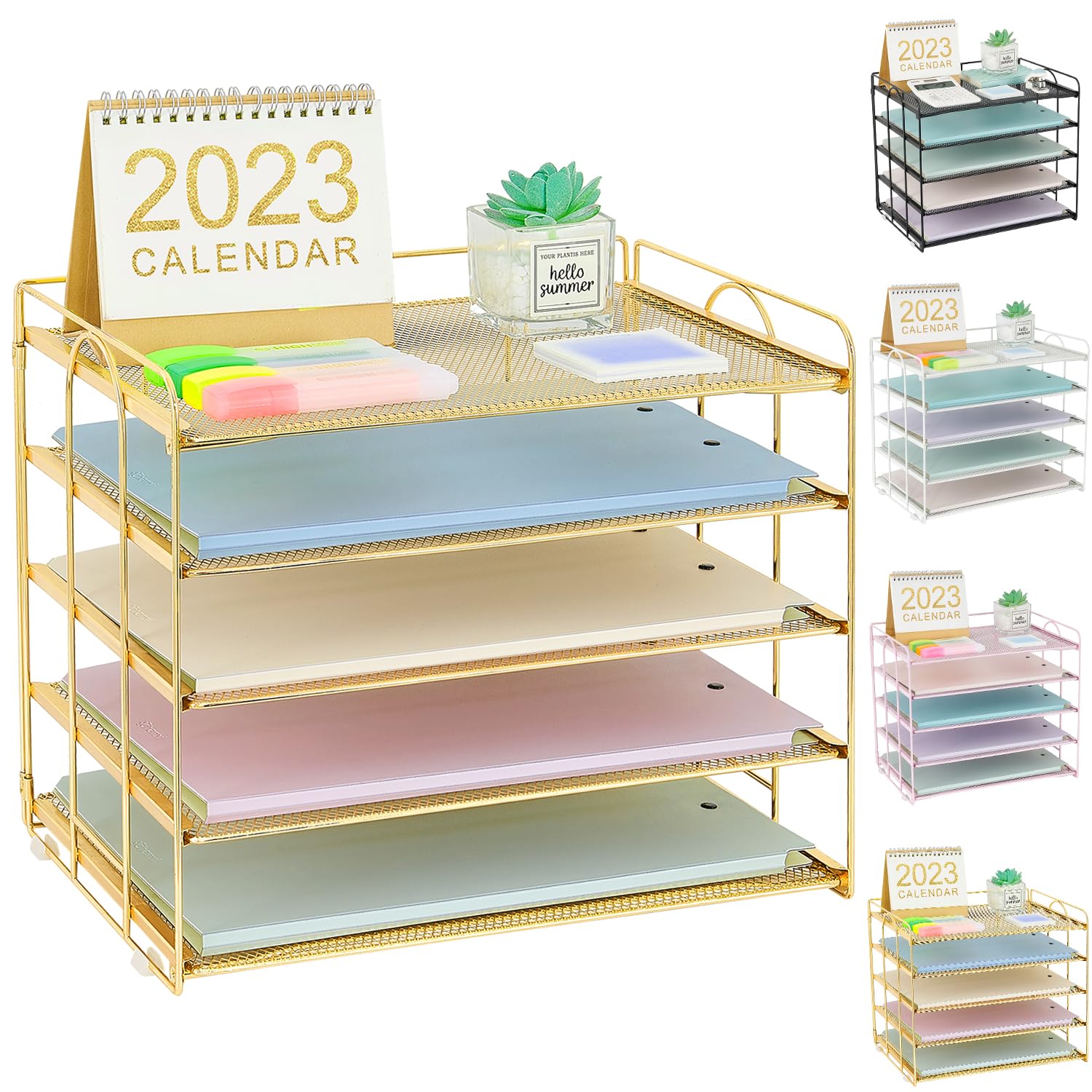 5 Tier Mesh Paper Letter Tray Organizer - Gold Office Desk Organizer for Files, Documents & Mail | Perfect for Home Office, School & Workspace Organization