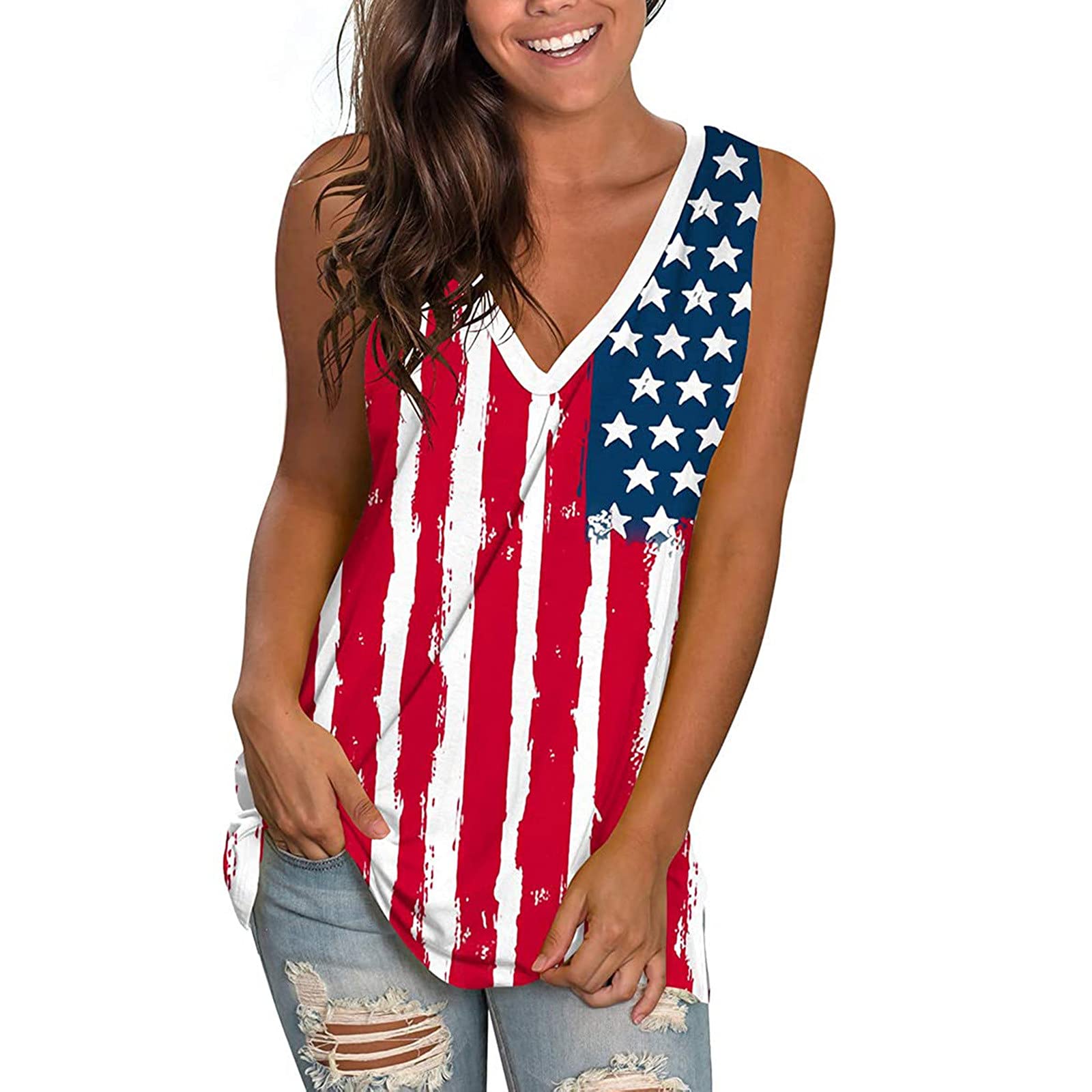 Usupdd Women's 4th of July Sleeveless V-Neck Tunic Tank Top - Dark Blue Medium | Summer Casual Blouse for Independence Day Celebrations, Beach Outings & Patriotic Events
