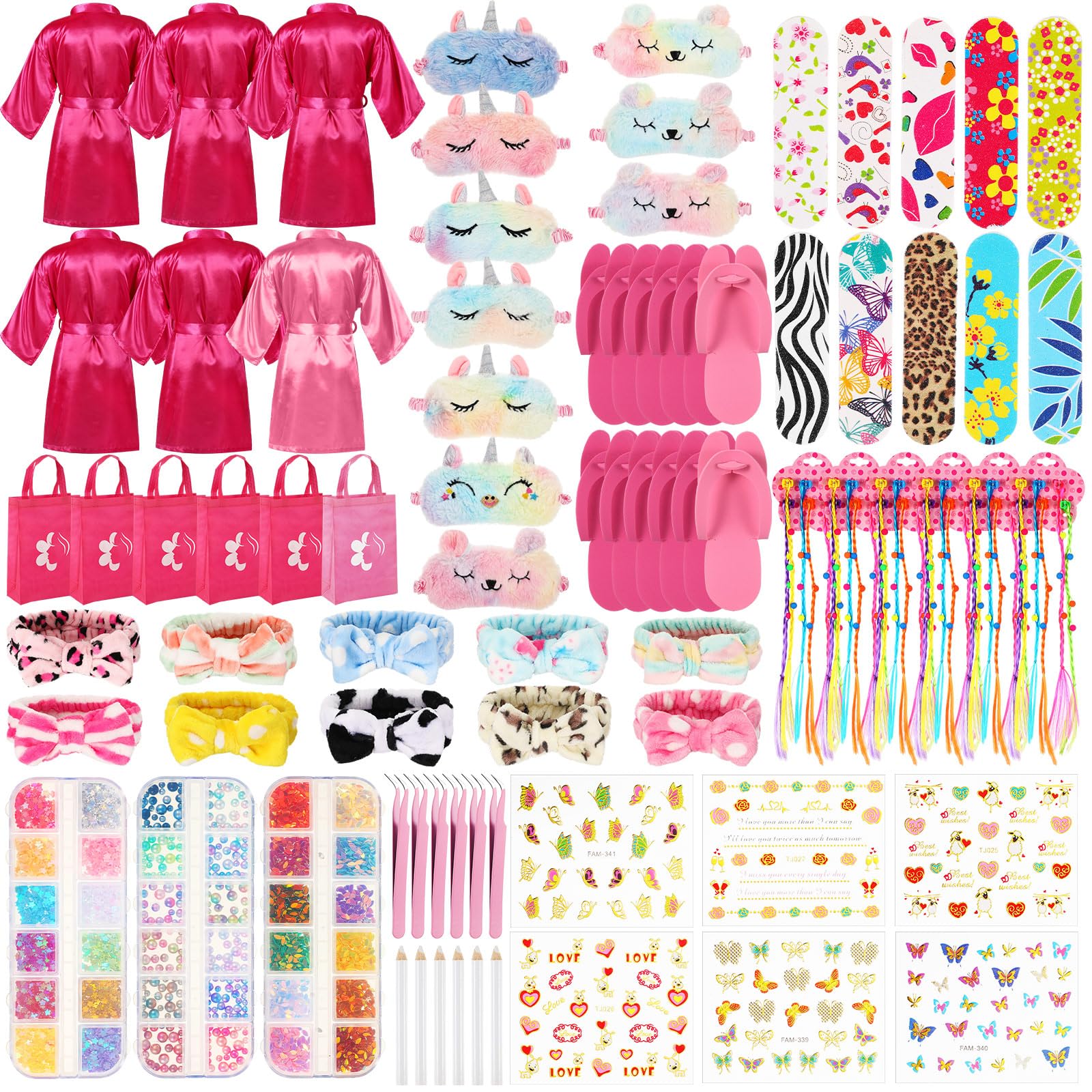 Suhine 6-Piece Girls Spa Birthday Party Kit - Rose Red Satin Robe & Tote Bags Set for Nail Salon, Sleepovers & Birthday Celebrations - Perfect for Kids Spa Day, Birthday Gifts & Themed Parties