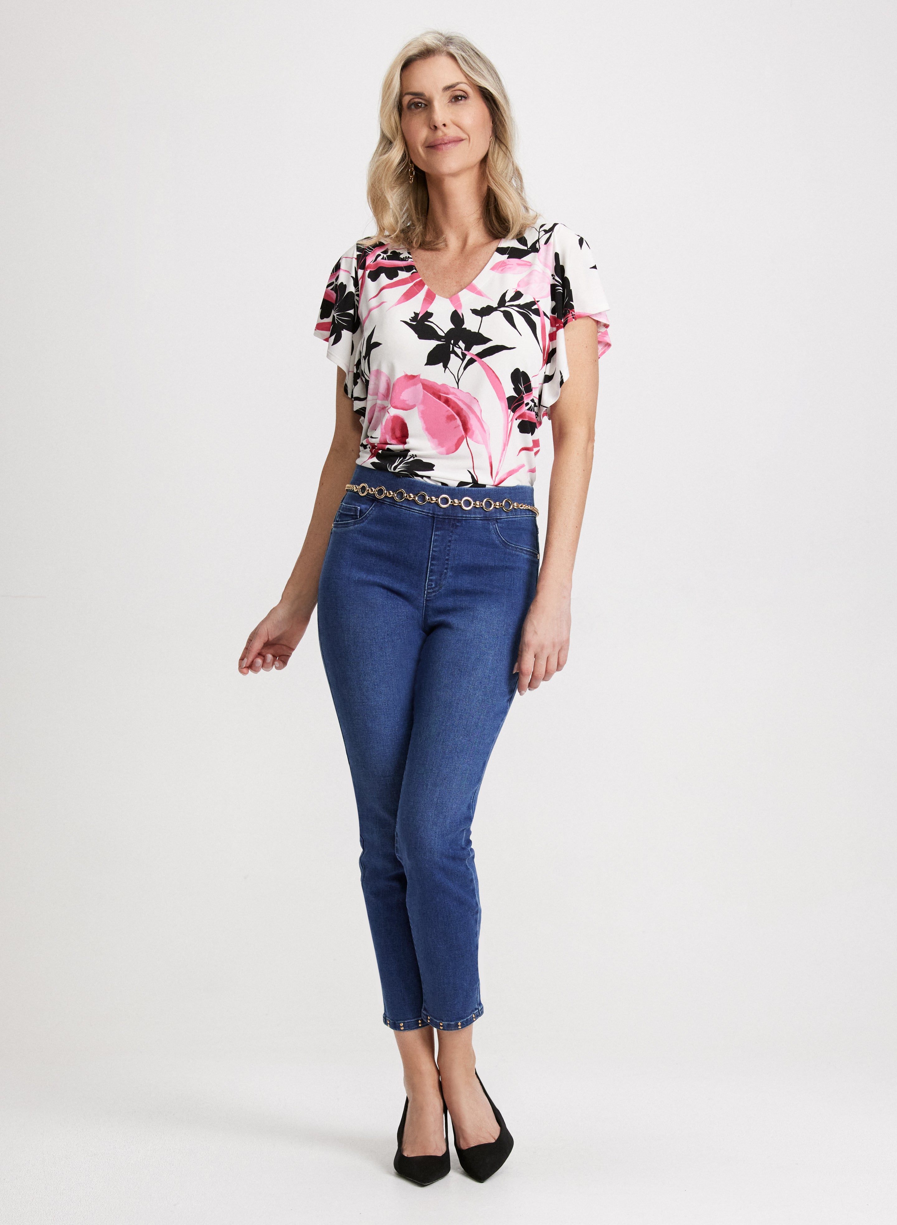 Floral Print Flutter Sleeve Blouse & High Waist Slim Leg Jeans Set - Women's Casual Outfit for Spring Summer, Perfect for Dating, Office Wear and Weekend Brunch