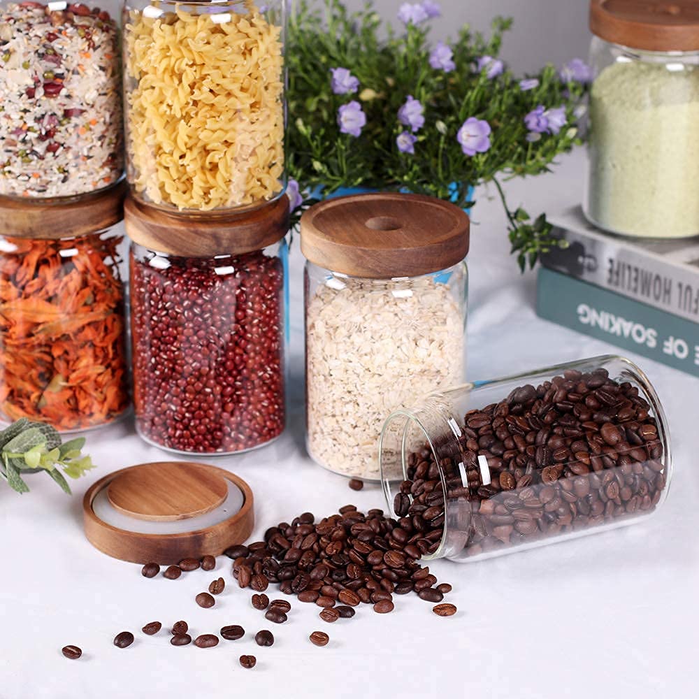 SAIOOL Wooden Kitchen Decor Set - Glass Pantry Storage Containers with Airtight Lids for Flour, Sugar, Coffee & Spices - Rustic Home Organization for Pantry, Countertop & Cabinet Storage