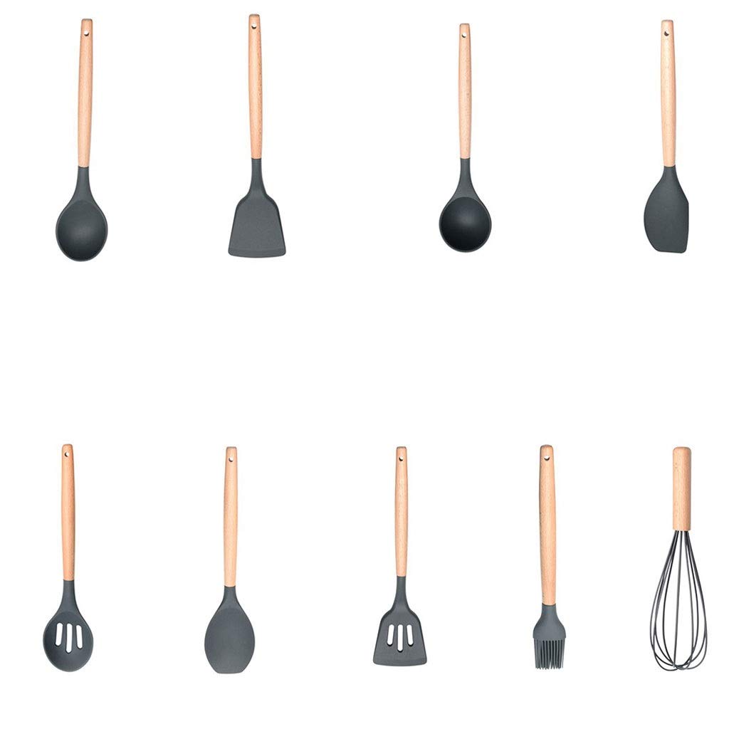 Heat Resistant Wooden Handle Kitchen Utensil Set - Spatula, Soup Spoon, Skimmer, Egg Beater & Oil Brush - Non-Stick Safe Cooking Tools for Baking, Frying & Serving (Style 9)