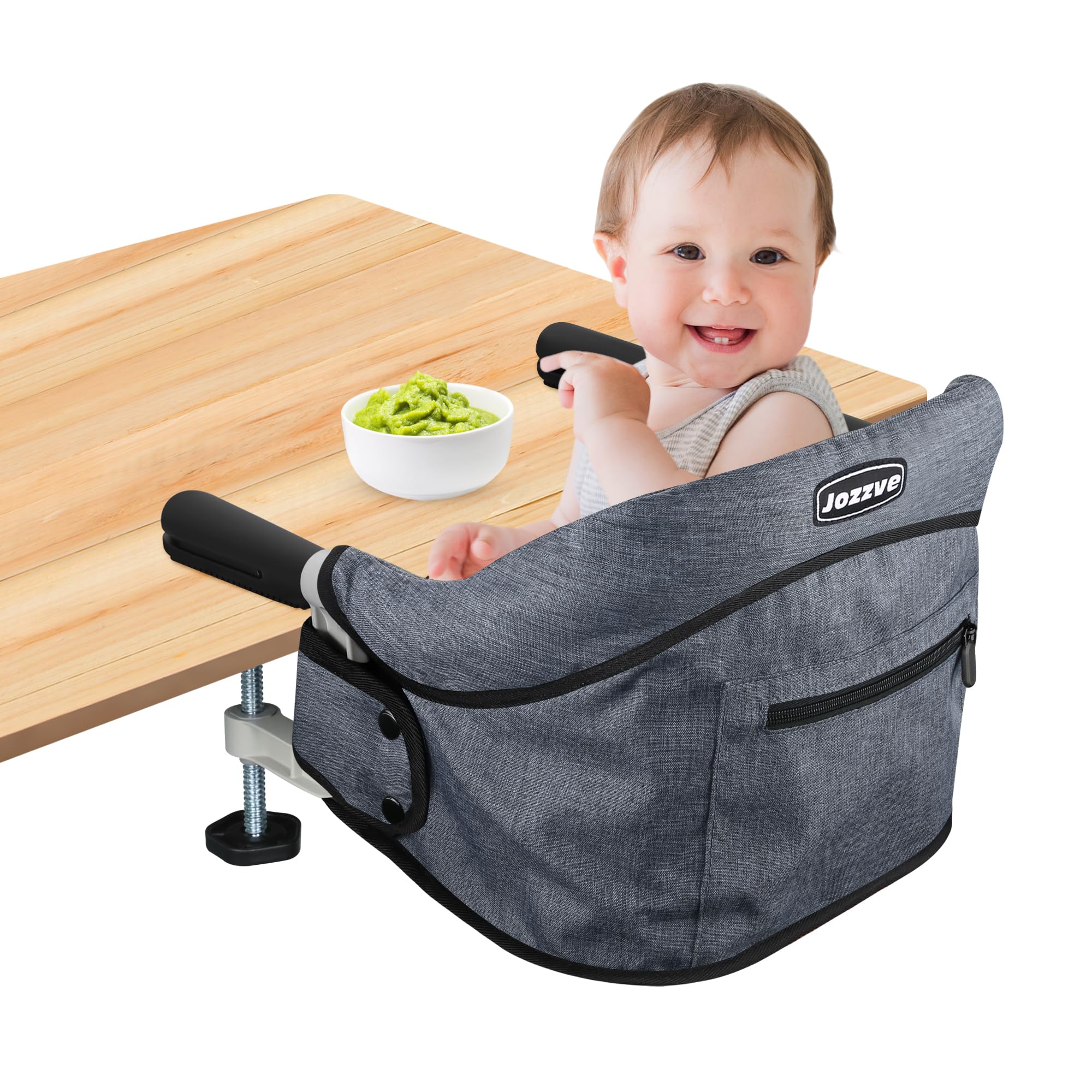 Jozzve Portable Hook On High Chair for Baby - Foldable Travel High Chair with Storage Bag, Clip On Baby Feeding Seat for Home & Dining Out (Grey) | Perfect for Restaurants, Picnics & Small Spaces