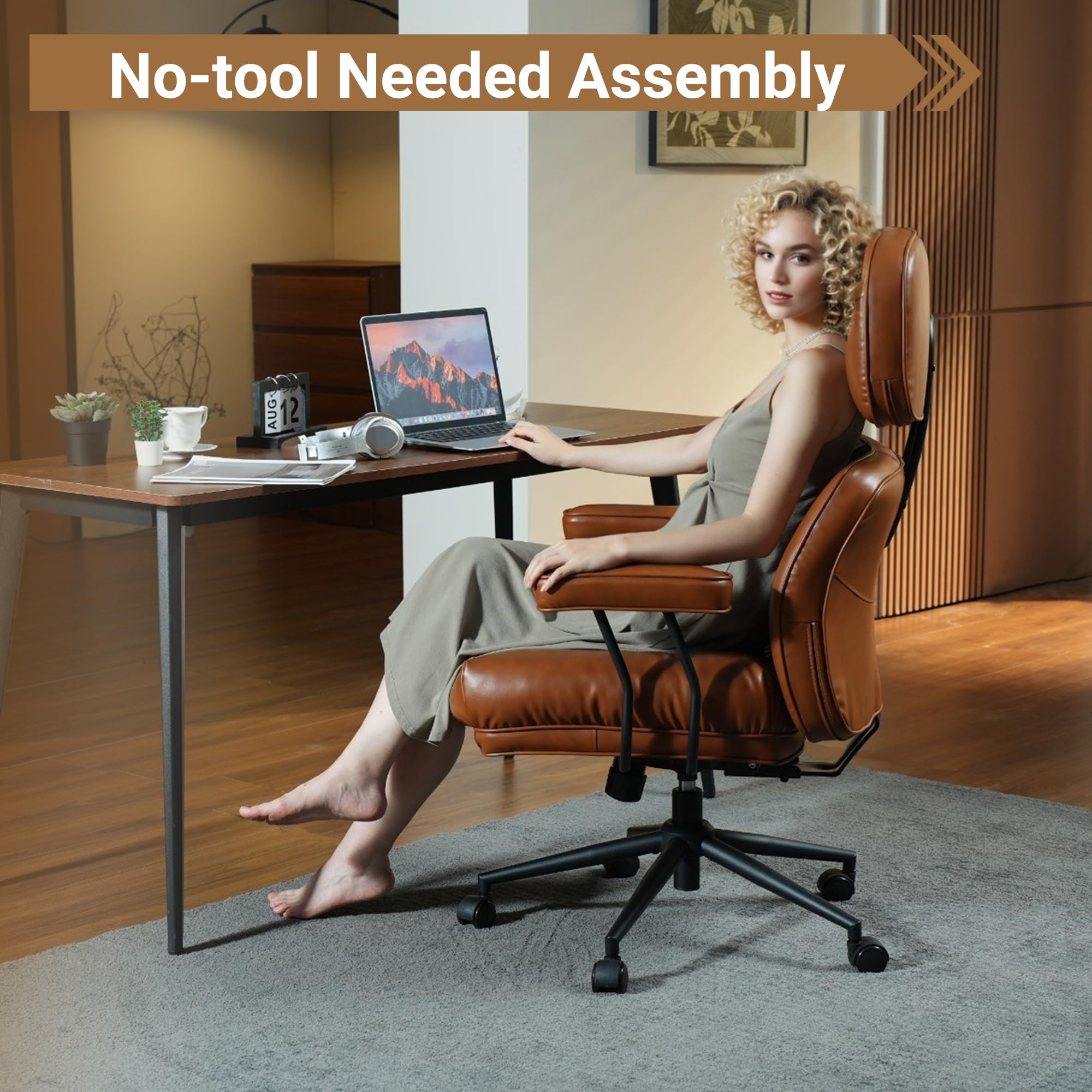 Ergonomic High Back Office Chair with Lumbar Support - PU Leather Swivel Computer Desk Chair with Wheels & Rocking Function - Brown - Perfect for Home Office, Gaming & Workspace Comfort