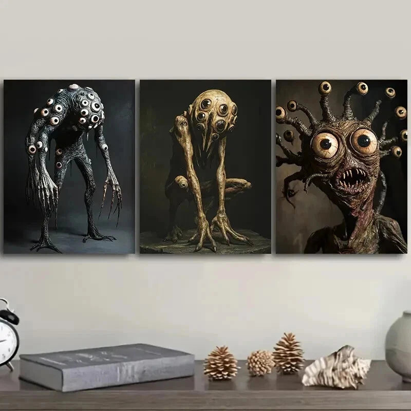 3-Piece Scary Eye Monster Wall Art Set - Framed Canvas 50x70cm - High Quality Print - 100% Australian Made - Ready to Hang - Perfect for Halloween Decor, Horror Theme Rooms & Gothic Home Decor