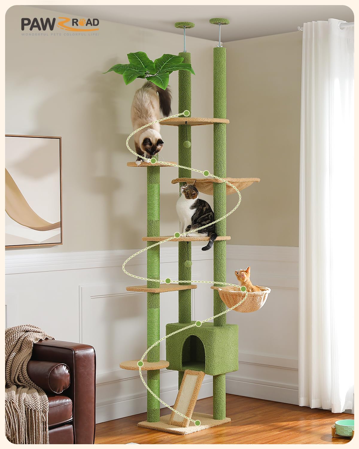 PAWZ Road 7.5ft Adjustable Cat Tree with Hammock, Condo & Toys - Multi-Level Cat Tower with Scratching Posts for Indoor Cats - Perfect for Small Spaces & Multi-Cat Homes (Green)