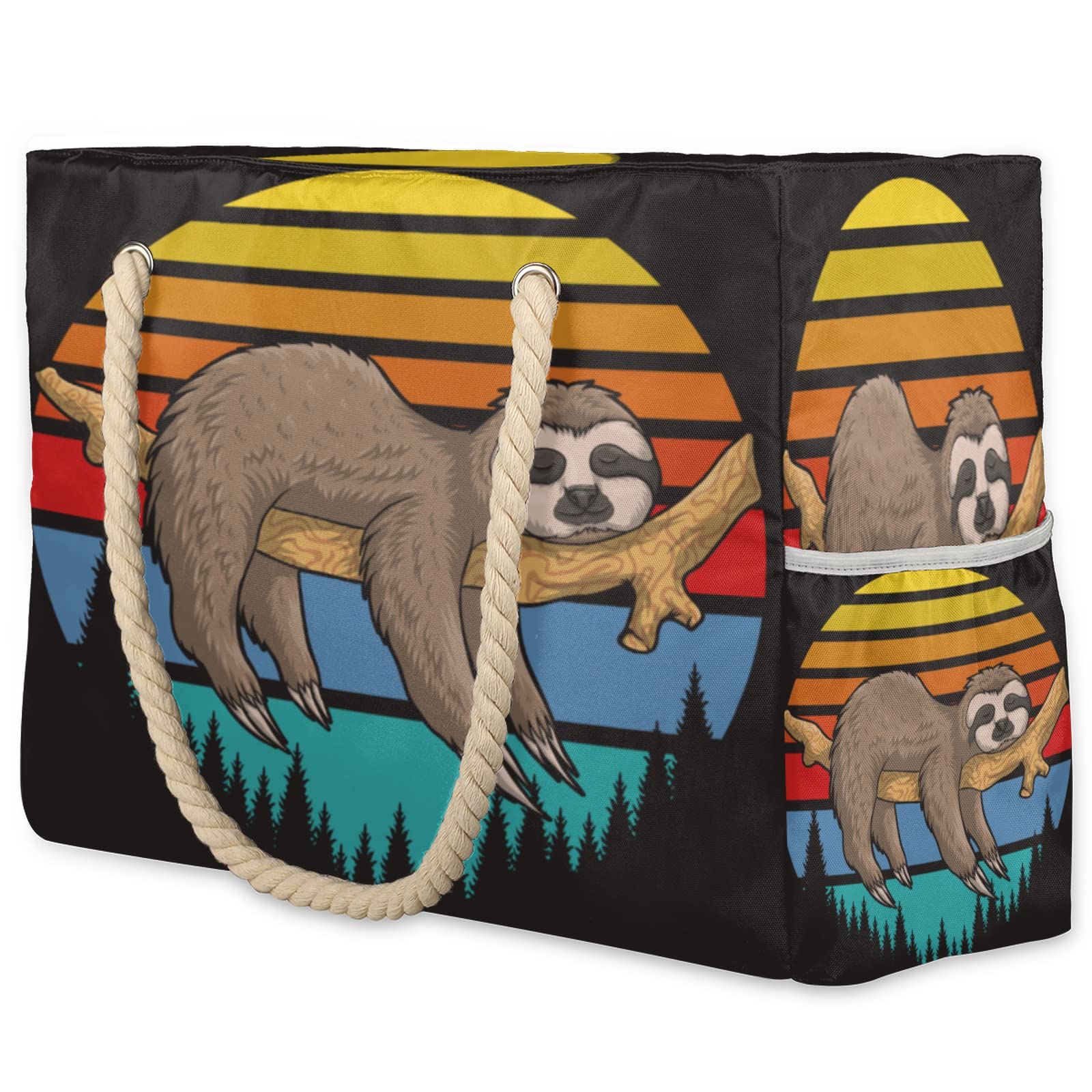 Large Waterproof Beach Tote Bag - Spacious Sloth Print Sunset Design Sandproof Shoulder Bag for Women with Zipper & Rope Handles - Perfect for Pool, Travel, Gym & Summer Outings
