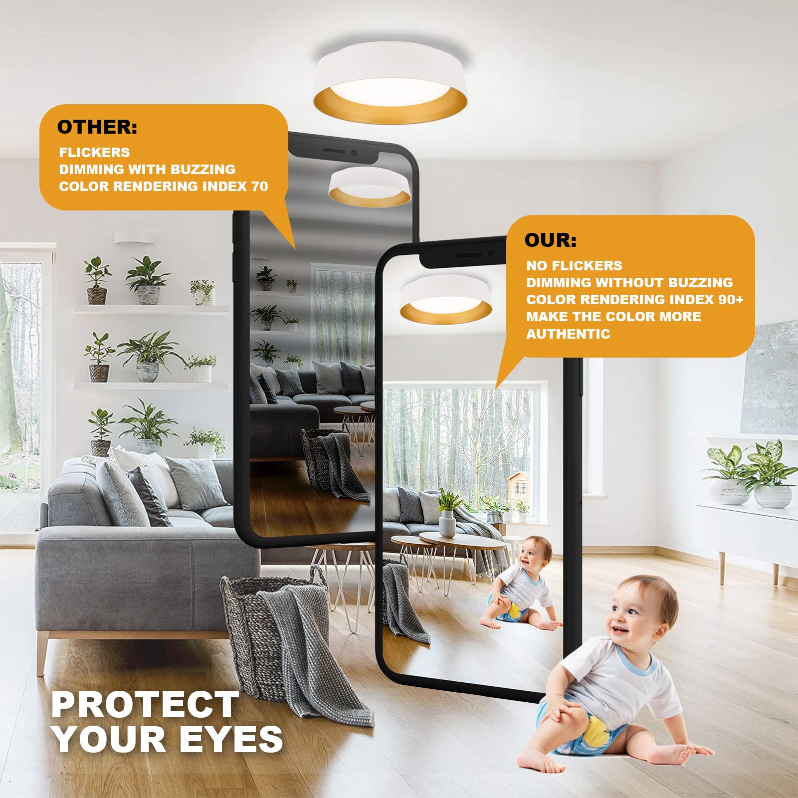 12.5 Inch LED Flush Mount Ceiling Light Fixture - 26W Super Bright 1350 Lumen - 3 Color Temperatures (3000K/4000K/5000K) - Matte White with Gold Accent - Dimmable LED Ceiling Light for Bedroom, Hallway, Bathroom & Outdoor Use - Perfect for Modern Home Lighting and Commercial Spaces