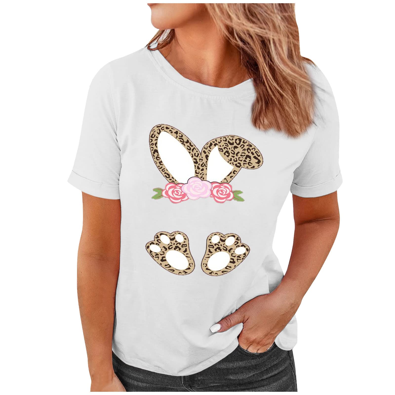 Easter Graphic T-Shirt for Teen Girls & Women - Cute Bunny Rabbit & Floral Leopard Print Short Sleeve Top | Perfect for Easter Celebrations, Spring Outfits & Casual Wear