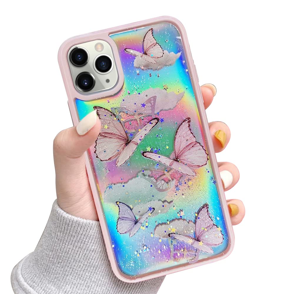 LCHULLE Cute Iridescent Butterfly Glitter Case for iPhone 11 Pro Max - Soft TPU Bumper with Laser Bling Stars Design, Drop Protection Phone Cover for Women & Girls (Pink) | Perfect Gift for Teens, Birthday & Everyday Stylish Protection
