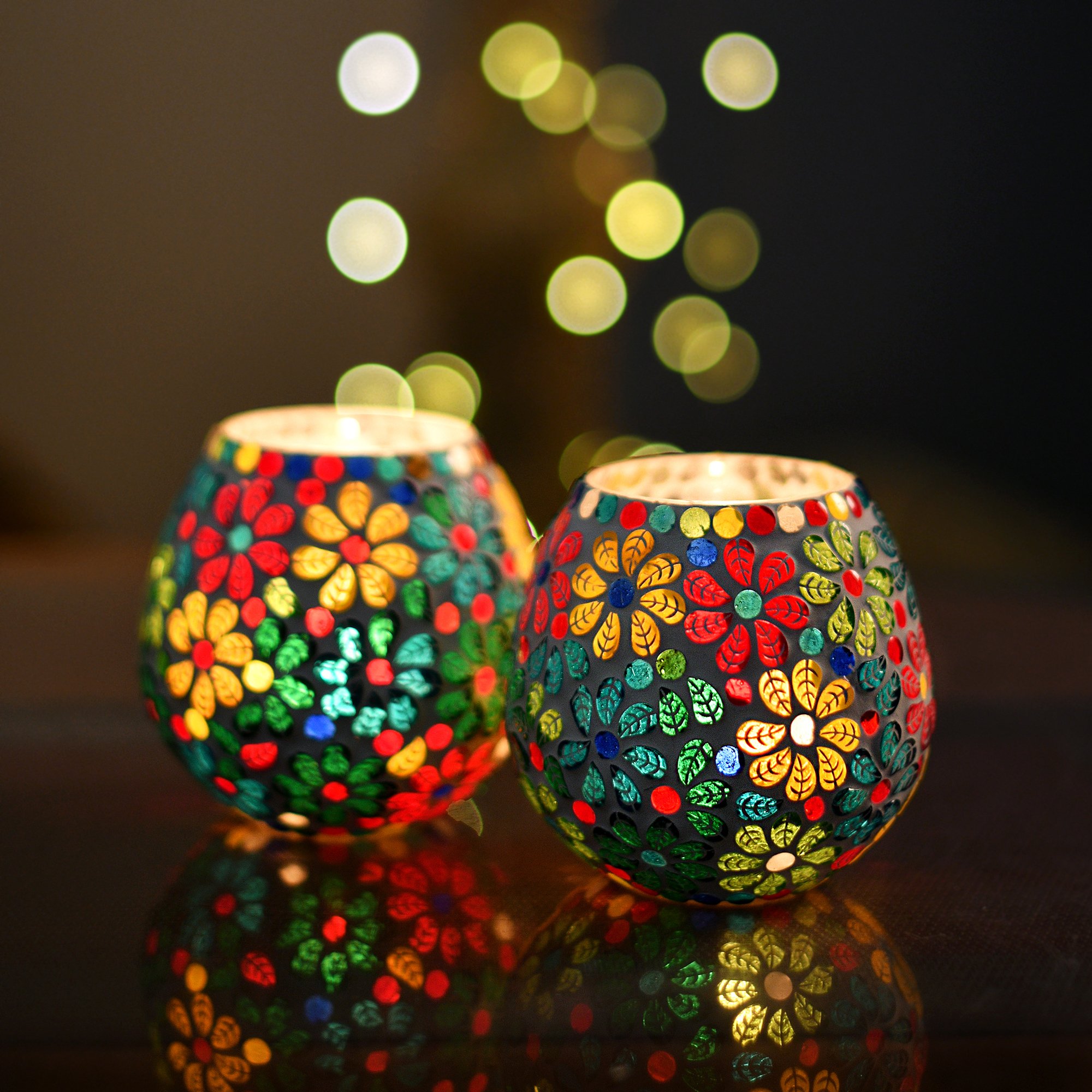 Elegant Mosaic Glass Tealight Candle Holders - Floral Design Home Decor for Diwali, Christmas & Weddings | Set of 2 - Perfect for Table Centerpieces, Mantel Displays & Gift Giving