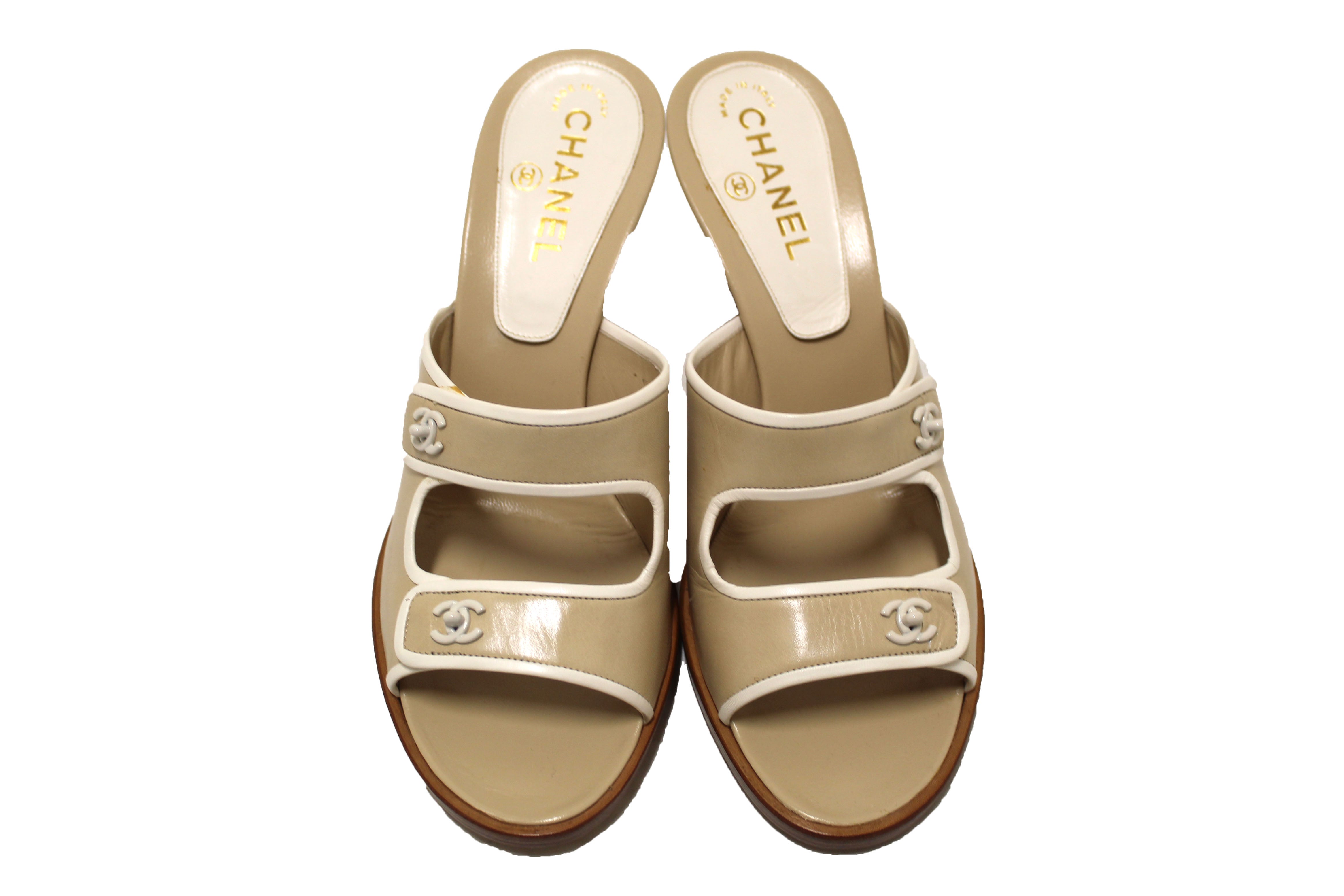 Authentic Chanel Beige Leather Turnlock CC Logo Mule Sandals - Size 40 | Luxury Slide Heel Strap Shoes for Women | Perfect for Summer Outfits, Beach Vacations & Special Occasions