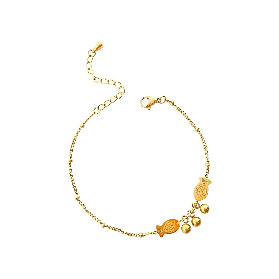 Titanium Gold Fish Charm Beaded Chain Anklet Bracelet for Women | Adjustable Ankle Jewelry for Summer Beach, Boho Style, Gift Idea | TB6763