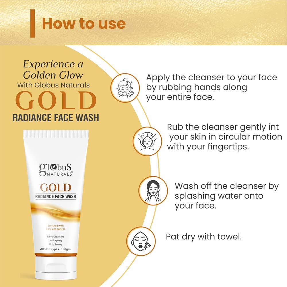 Globus Naturals Gold Radiance Anti-Aging & Brightening Face Wash with Saffron & Rose - 100ml for All Skin Types | Gentle Daily Cleanser for Youthful Glow & Even Skin Tone