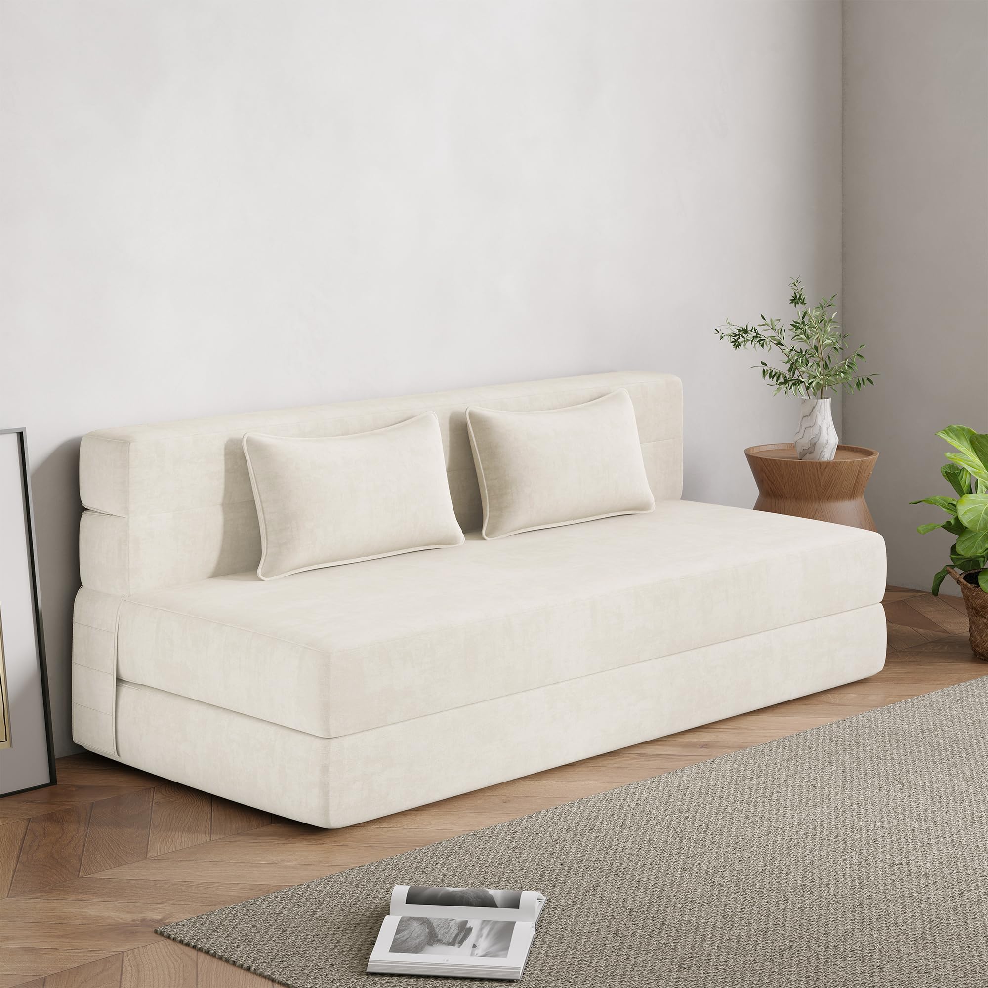 Convertible Folding Sofa Bed Queen Size with Pillows - Foldable Futon Sleeper Chair for Living Room, Dorm & Guest Room - Washable Cover, Off White - Perfect for Small Spaces, Lounging & Overnight Guests