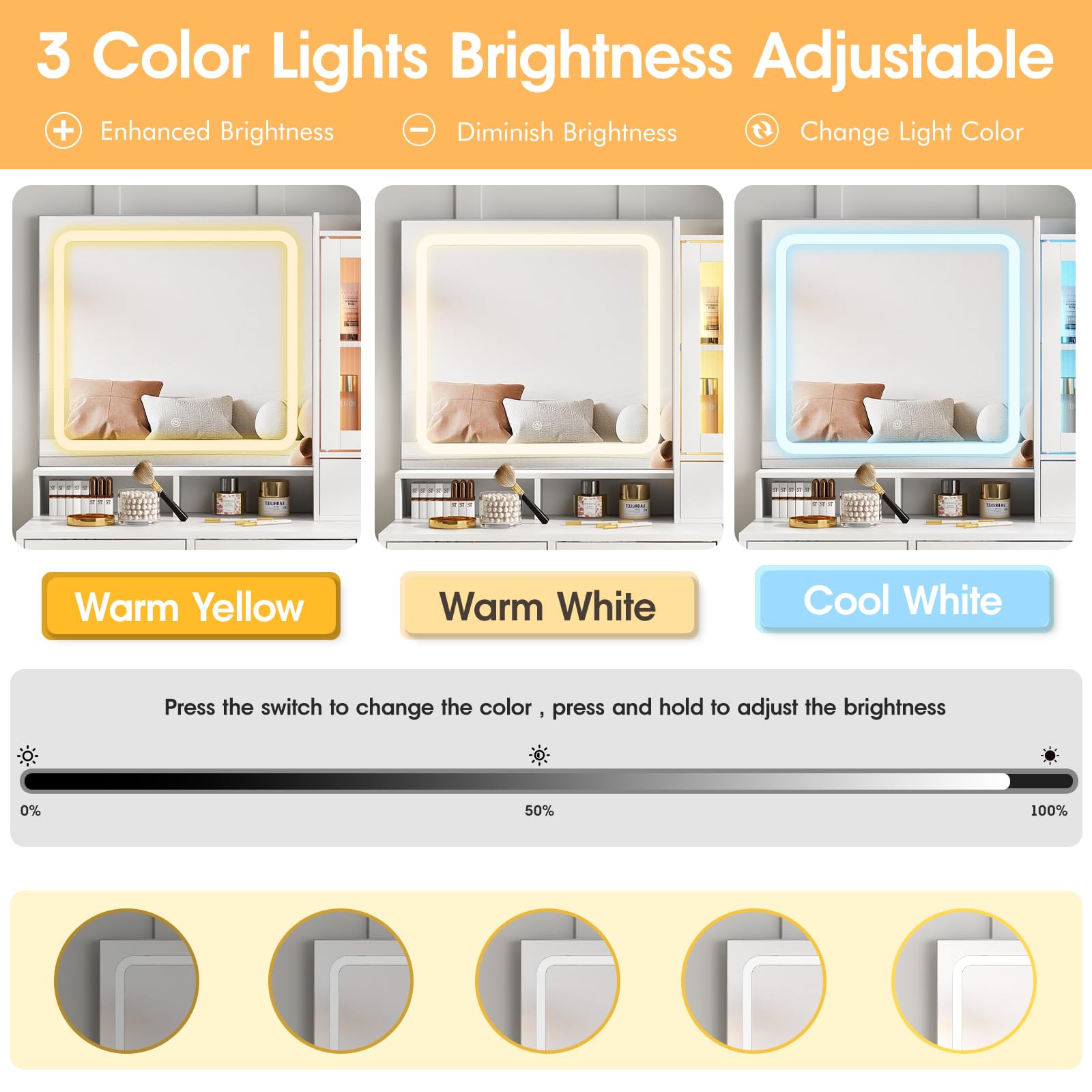 White Makeup Vanity Desk with LED Lights & Mirror - 4 Drawers, USB Charging Station & RGB Cabinet - Dressing Table for Bedroom, Beauty Salon, Home Decor