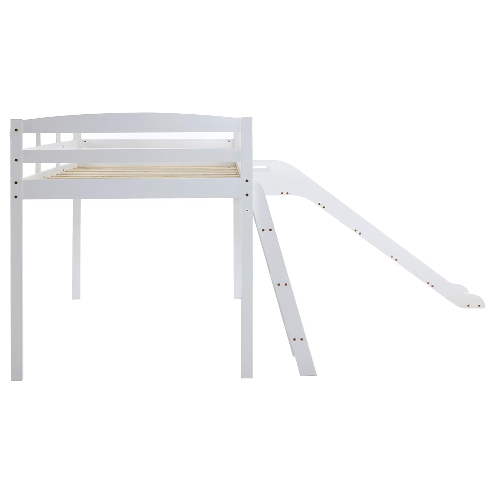 JOYMOR Twin Size Low Loft Bed with Curved Slide & Ladder - Solid Pine Wood Frame, 14