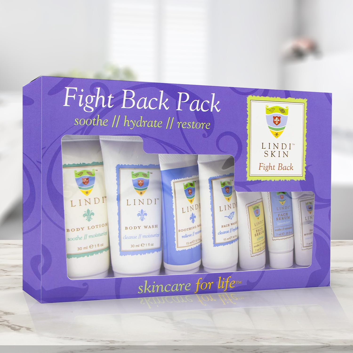 LINDI SKIN Fight Back Pack - Complete Skincare Starter Kit for Chemo & Radiation Therapy | Body Lotion, Body Wash, Face Serum, Moisturizer, Soothing Balm & Cleanser | Relief for Chemo Rash, Radiation Burns & Cancer Treatment Side Effects | Gentle Care for Sensitive Skin During Recovery