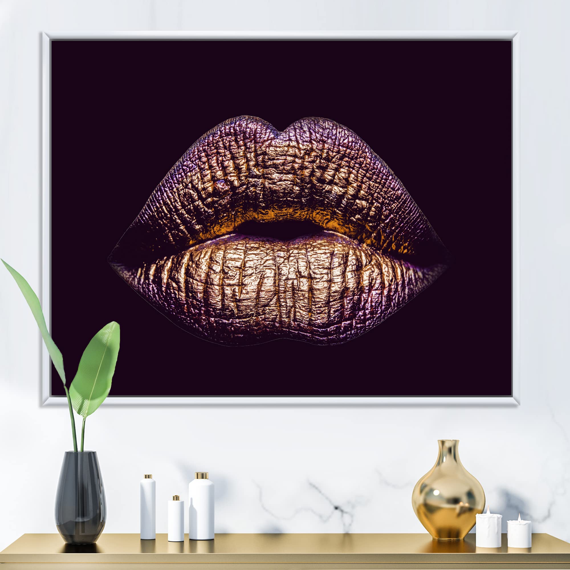 DesignQ Sexy Golden Metallized Female Lips III - Modern Framed Canvas Wall Art Print for Living Room, Bedroom & Office Decor