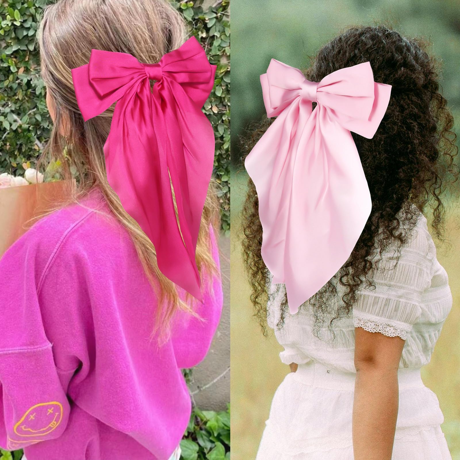 Pink Hair Bows for Women & Girls - 2PCS Satin Hair Clips with Long Tails | Perfect for Parties & Weddings