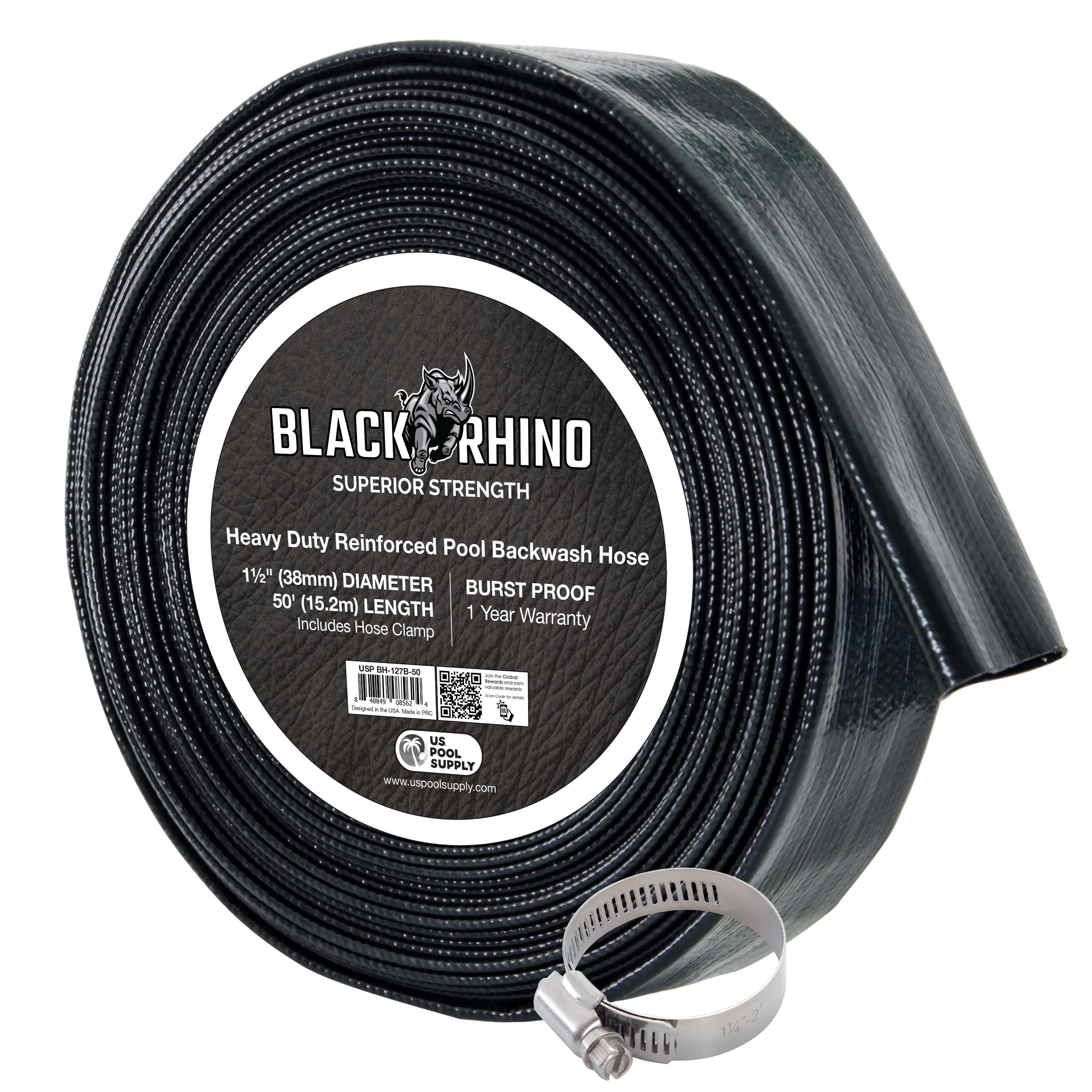 U.S. Pool Supply® Black Rhino 1.5-Inch x 50-Foot Heavy Duty Pool Backwash Hose with Hose Clamp - 1.2mm Thick Weather-Resistant for Inground & Above Ground Pools - Ideal for Backwashing, Draining, and Cleaning Pool Filters