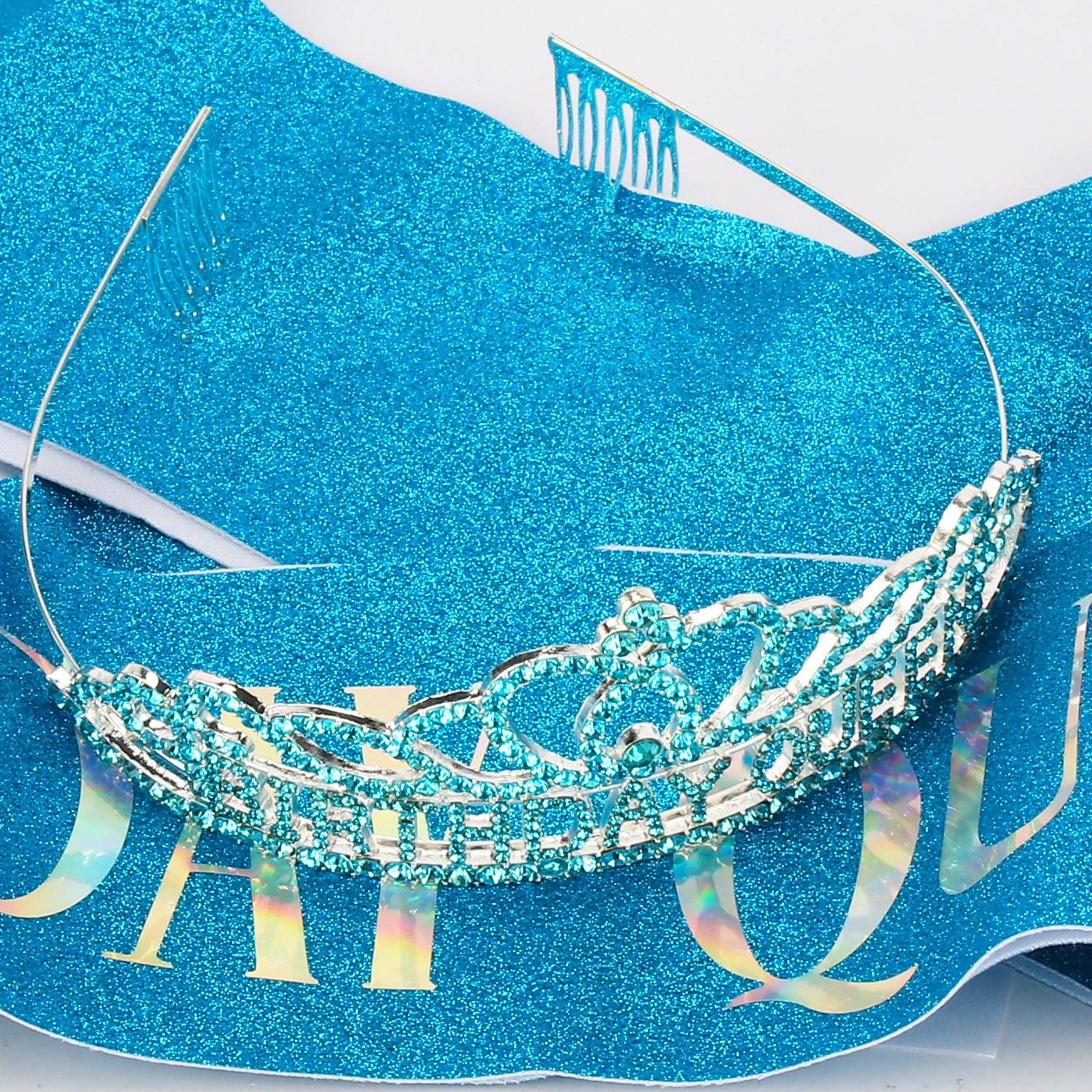 Blue Birthday Crown and Sash Set for Women - Elegant Queen Tiara & Sash for Birthday Party Decorations - Perfect for Birthday Celebrations, Bachelorette Parties & Special Events