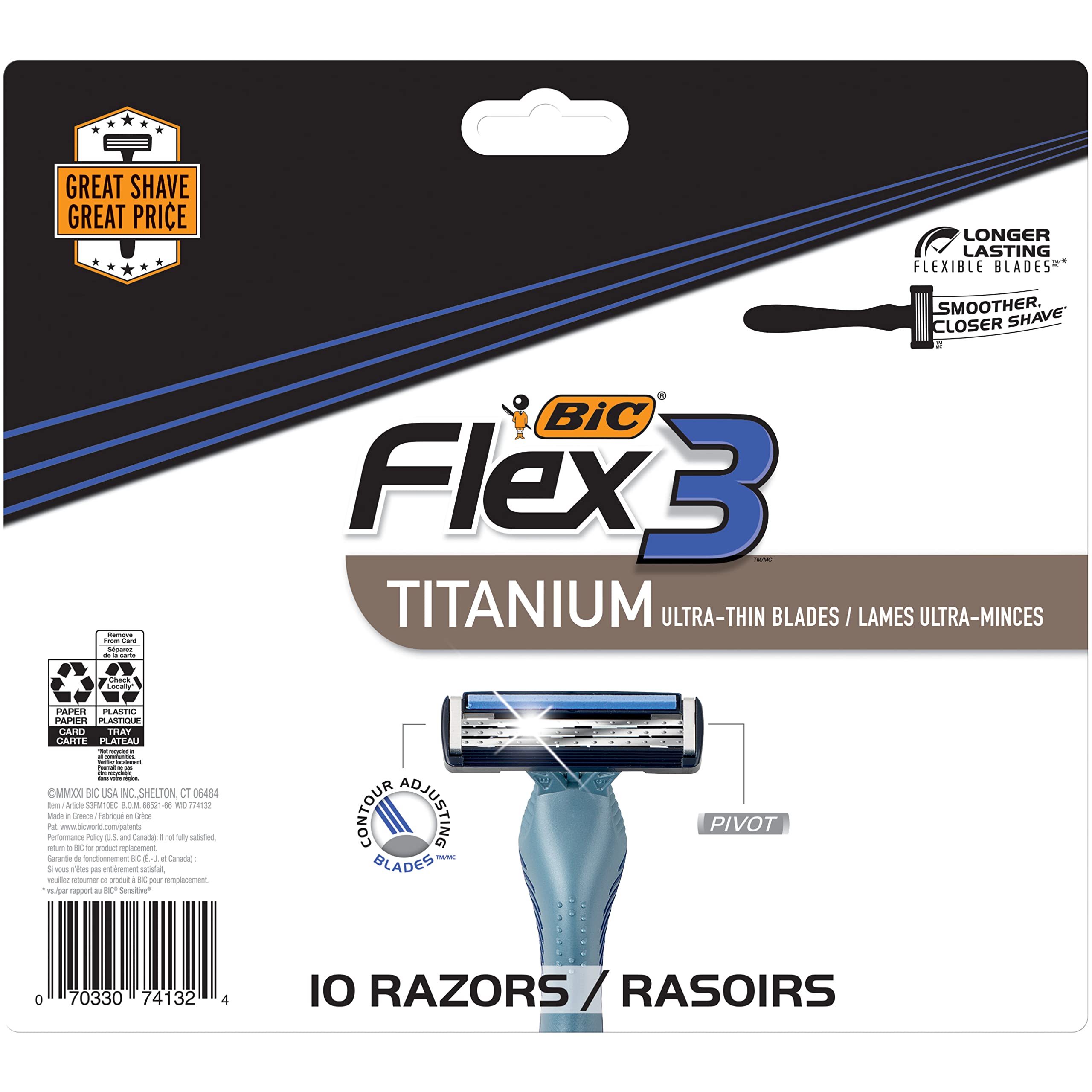 BIC Flex 3 Titanium Disposable Razors for Men - 10 Pack with 3 Ultra-Sharp Blades for Smooth, Close & Comfortable Shave - Perfect for Travel, Gym & Daily Grooming Routine