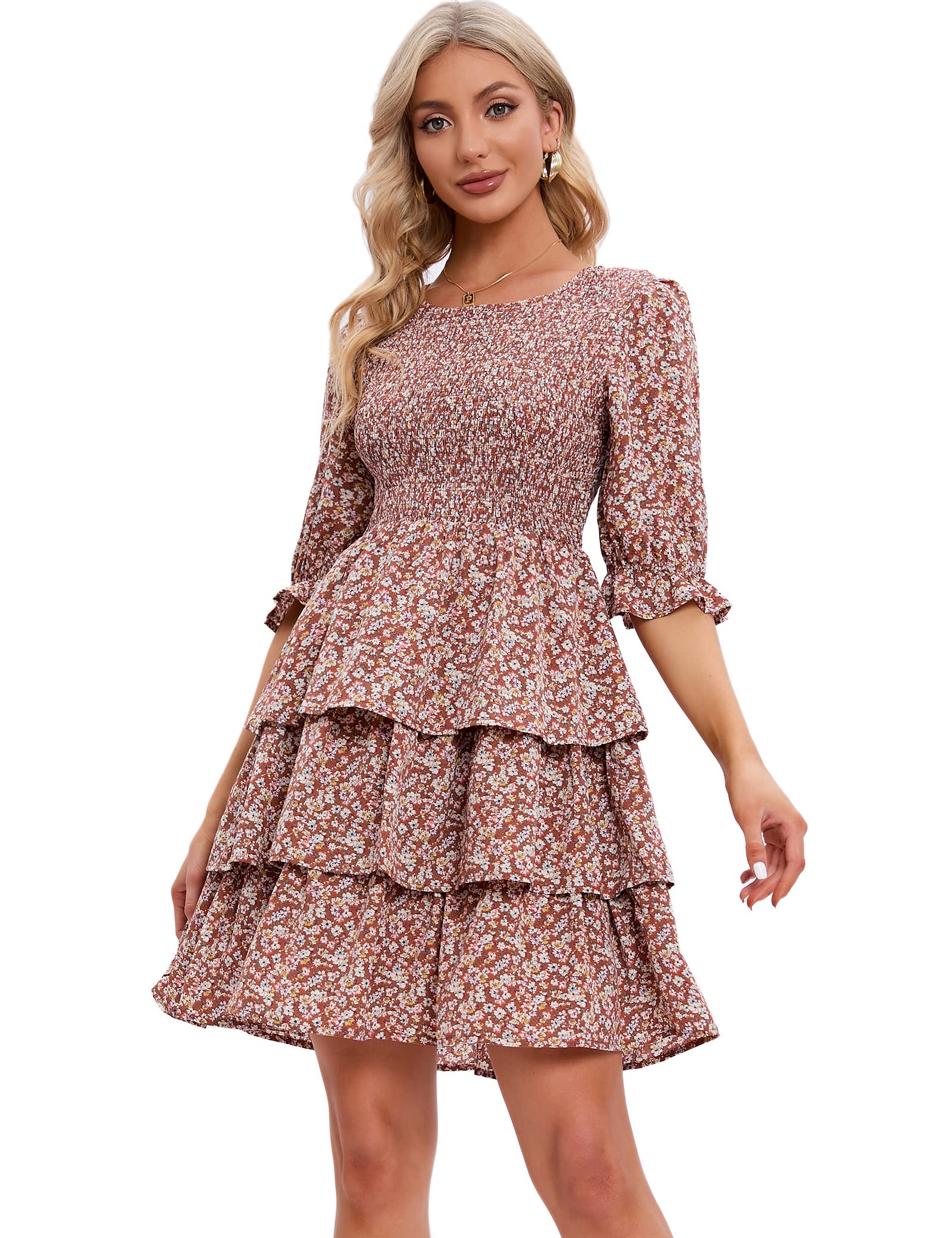MANAIXUAN Women's Floral Print Mini Dress - Puff Sleeve, 3-Layer Ruffle, Flowy Summer Party Dress for Casual Wear, Date Night & Outdoor Events