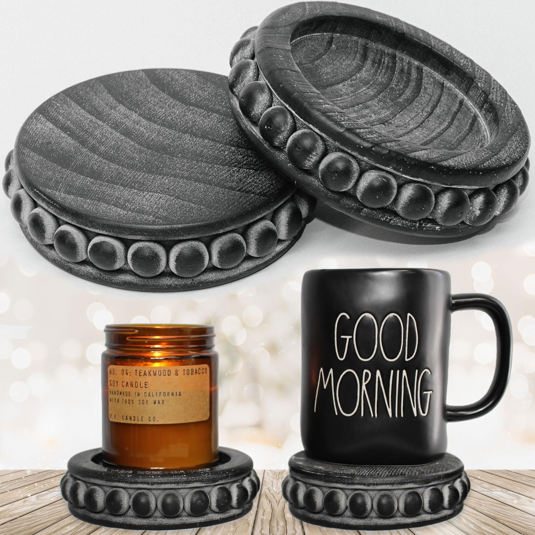 Rustic Wood Beaded Pedestal Tray Decor Riser Set - Kitchen Counter Organizer, Coffee Bar Table Display, Plant Stand with Black Woodgrain Finish | Perfect for Farmhouse Decor, Dining Table Centerpiece, and Bathroom Storage