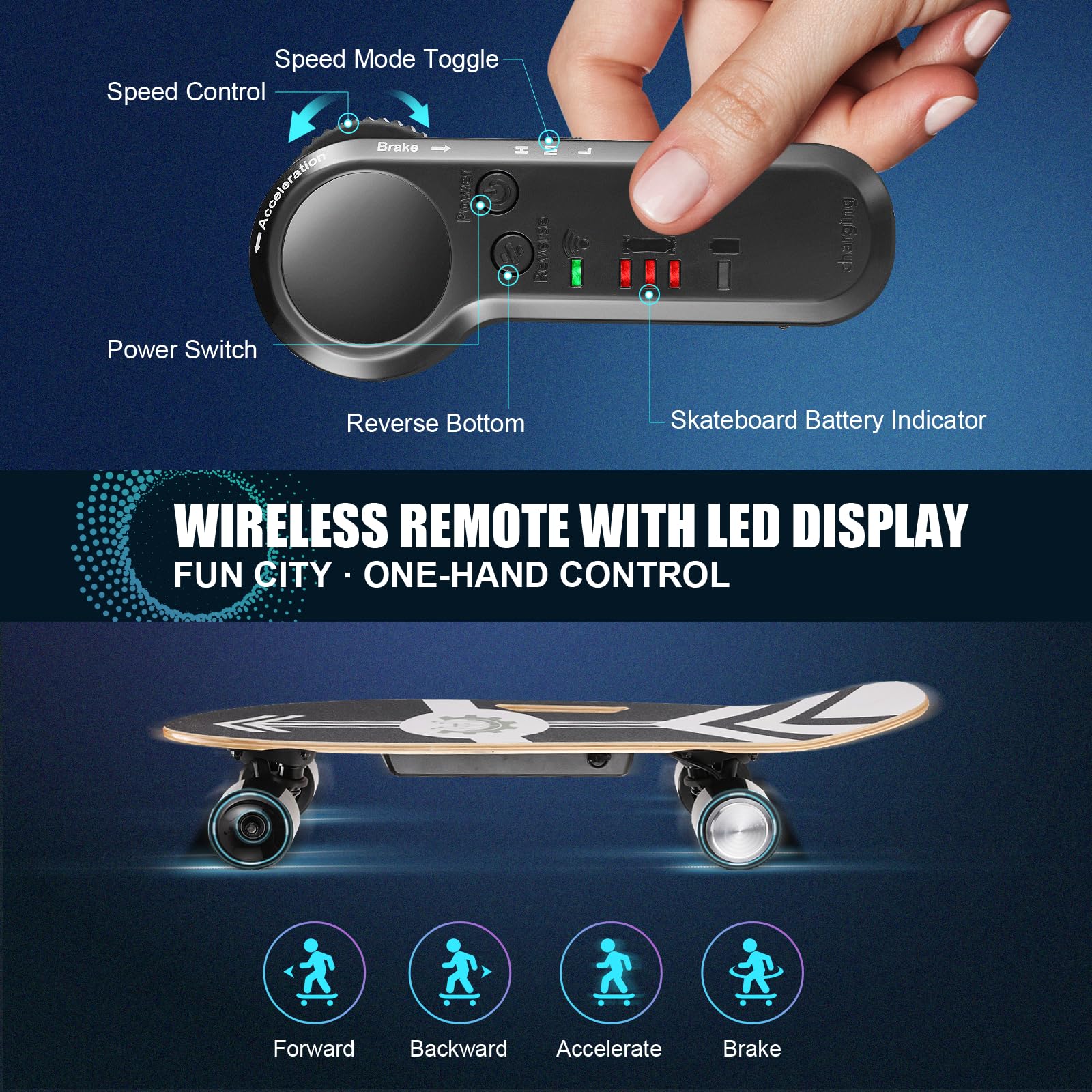 Caroma Electric Skateboard with Remote Control - 12.4 MPH Max Speed & 8 Mile Range - 3 Speed Modes Electric Longboard for Adults & Teens - Perfect for Commuting, Campus Travel & Outdoor Adventures