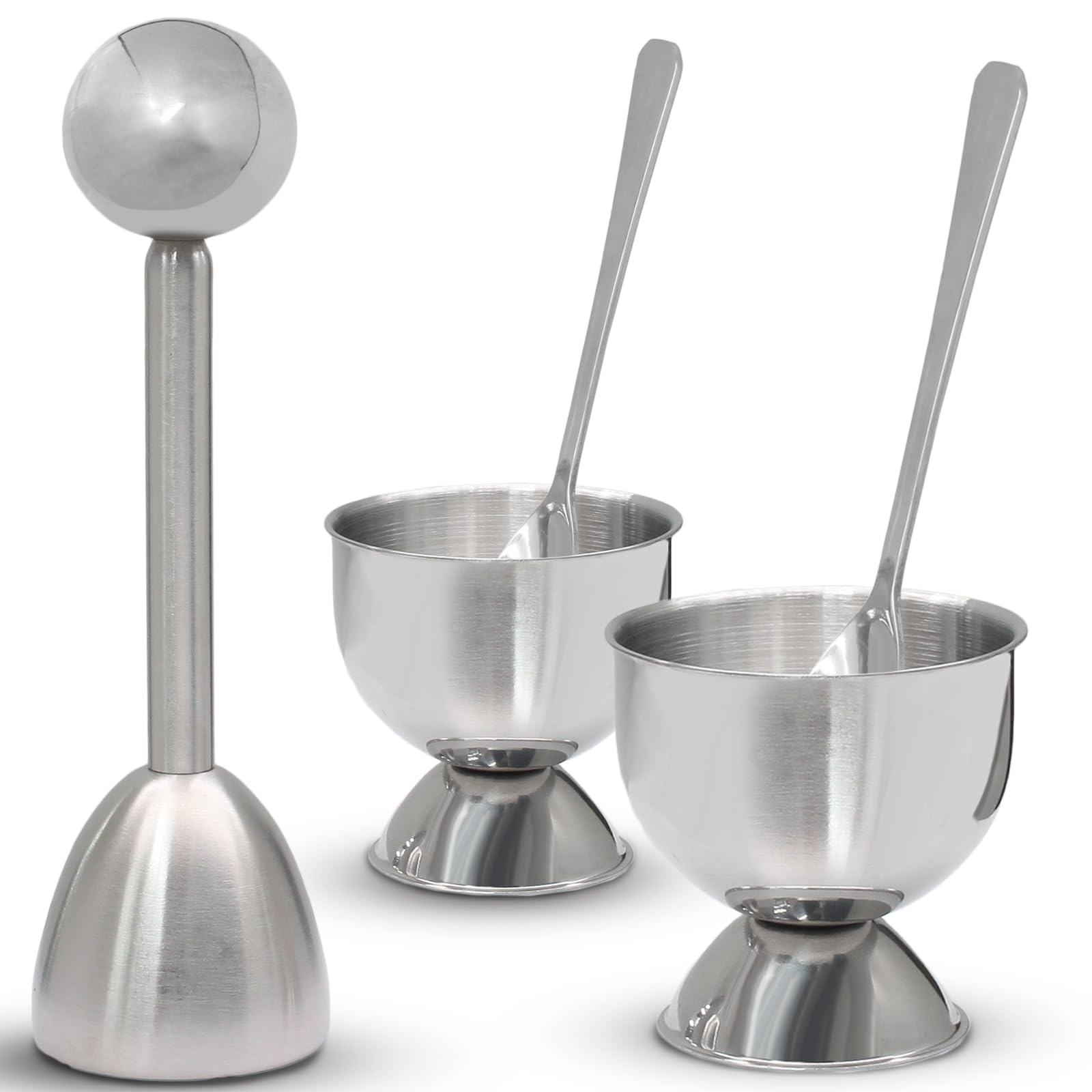Premium Stainless Steel Egg Cups & Cracker Set - 5-Piece Kit with Egg Topper Cutter, 2 Egg Holders & 2 Spoons - Perfect for Soft Boiled Eggs Breakfast, Brunch & Easter Decorations
