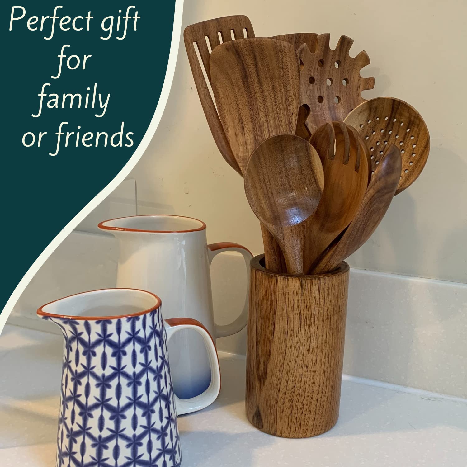 Premium Teak Wood Kitchen Utensil Set with Wooden Holder, Spoon Rest & Hooks - 100% Natural Eco-Friendly Cooking Tools for Baking, Stirring & Serving - Perfect for Home Chefs & Modern Kitchens