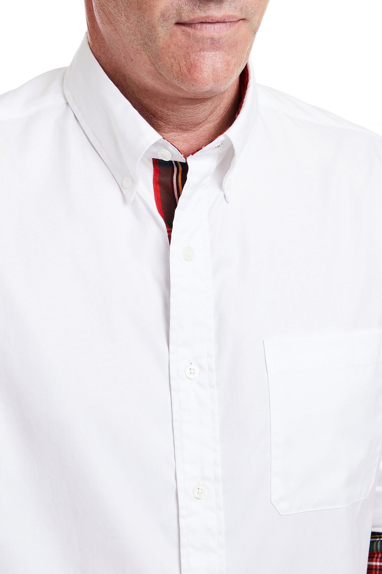 Men's White Oxford Shirt with Royal Stewart Tartan Trim - Classic Button Down Dress Shirt for Business Casual & Formal Occasions