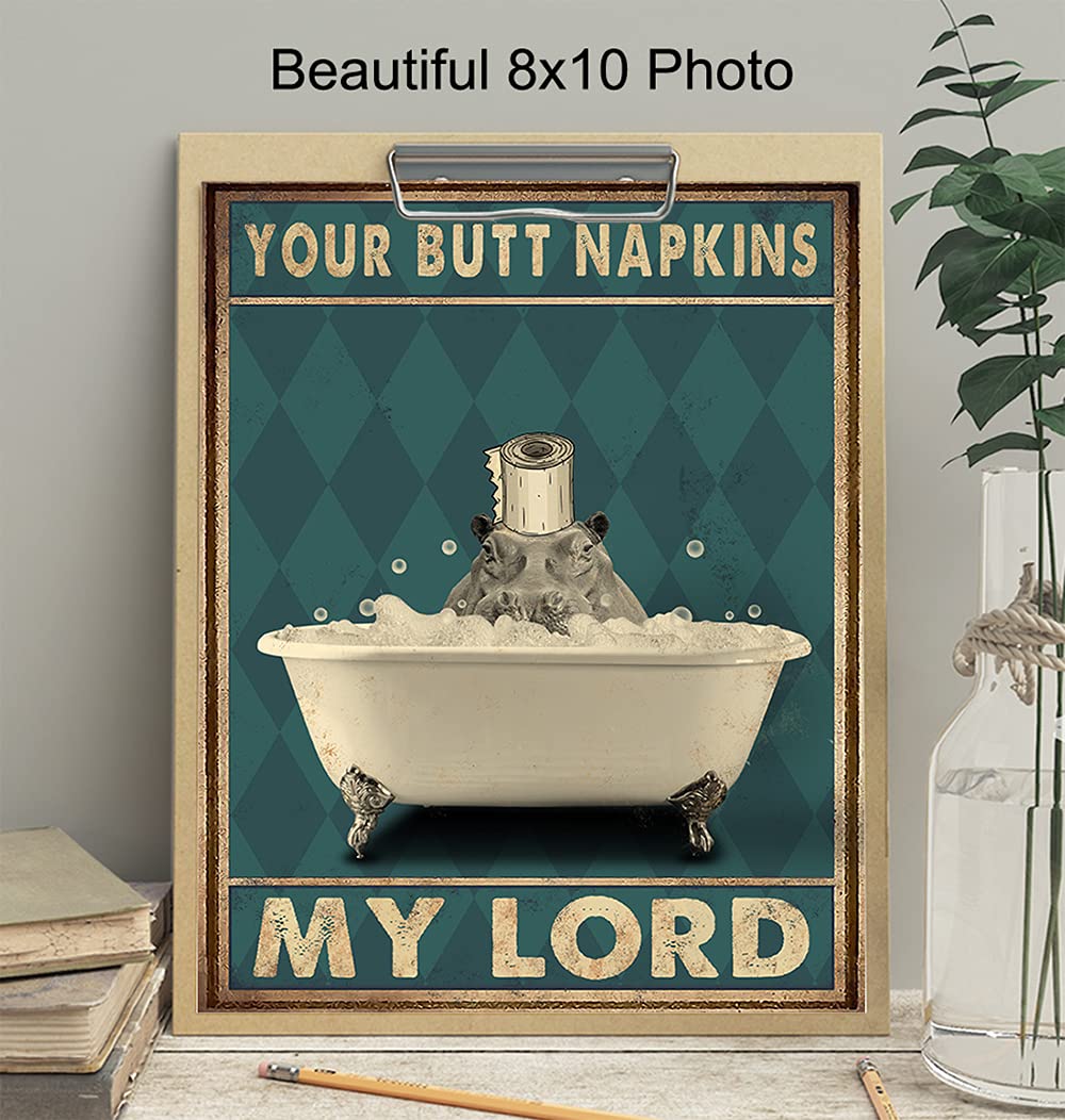 Funny Butt Napkins My Lord Bathroom Wall Art - Cute Modern Hippo Decor for Powder Room & Guest Bath - Unique Restroom Sign & Pictures - Perfect for Home, Office, or Gift