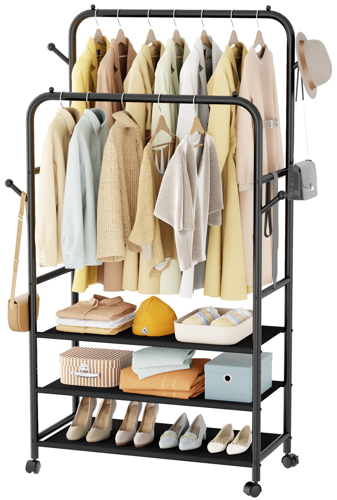 Furologee Double Rods Rolling Garment Rack with 3-Tier Storage Shelf & 4 Hooks - Portable Closet Organizer for Bedroom, Living Room - Black | Perfect for Small Spaces, Laundry Rooms & Apartment Storage