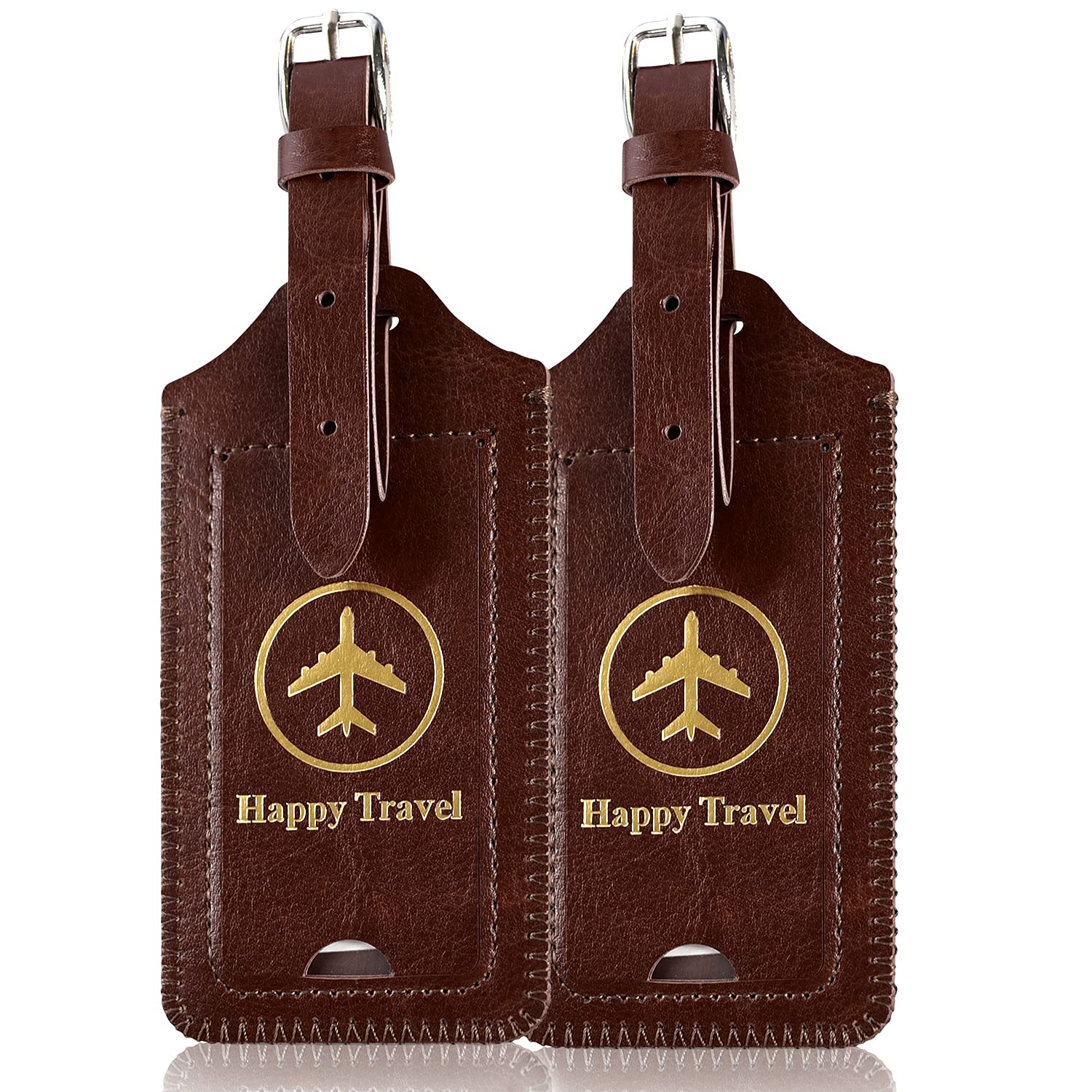 ACdream 2-Pack Leather Luggage Tags with Privacy Cover - Durable Suitcase ID Labels for Travel Bags, Backpacks & Cruise - Perfect for Women, Men & Kids (Coffee Design) - Ideal for Airports, Vacations & Business Trips