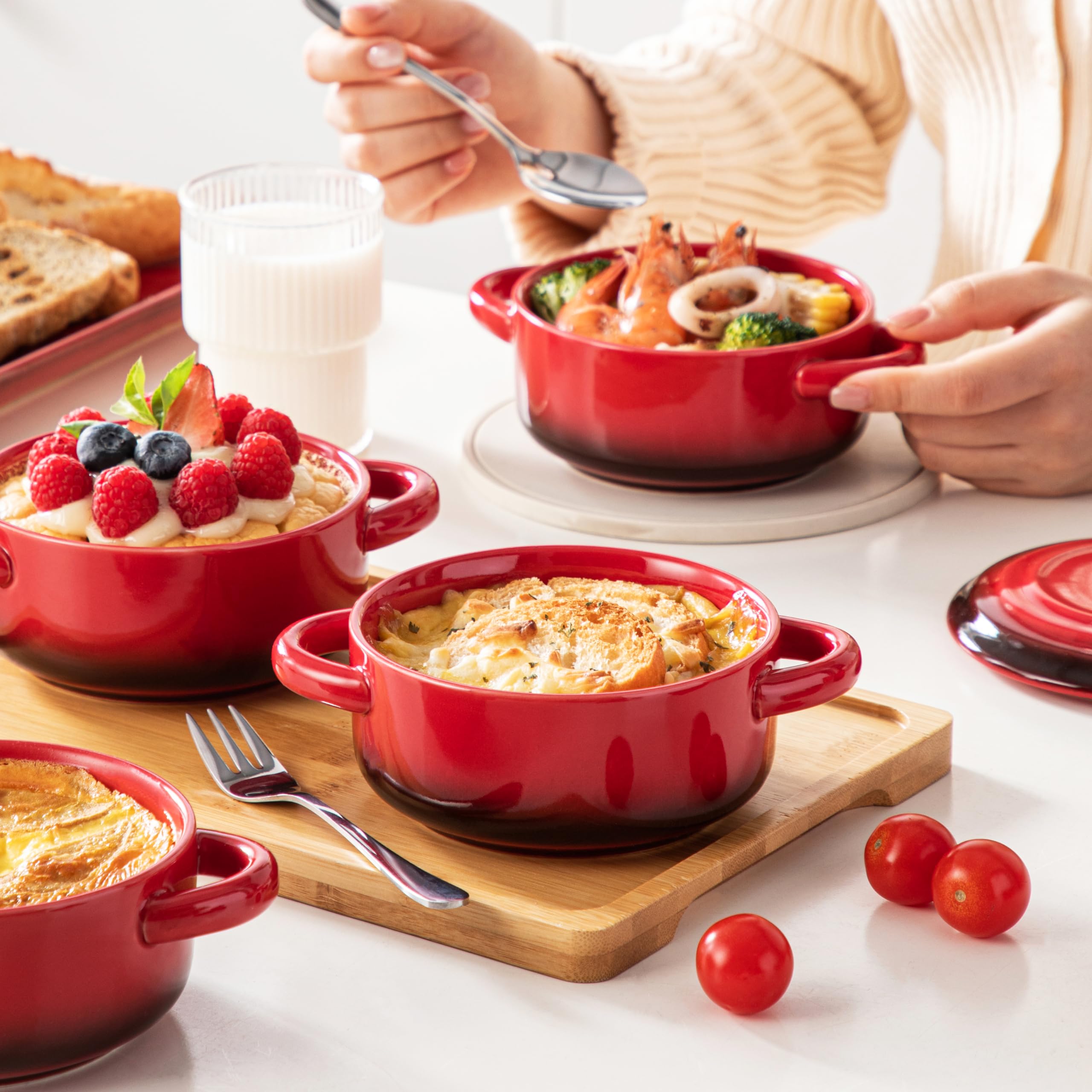 LOVECASA Mini Cocotte Set - 12 oz Small Casserole Dishes with Lids, Oven Safe Soup Bowls with Handles, Individual Baking Ramekins for Microwave & Dishwasher (Set of 4, Red) - Perfect for French Onion Soup, Desserts & Side Dishes