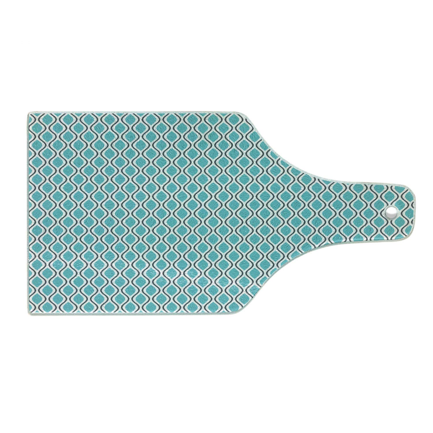 Ambesonne Abstract Tempered Glass Cutting Board - Vertical Wavy Lines Oval Design with S-Shaped Curves, Decorative Serving Board for Kitchen & Dining - Wine Bottle Shape in Turquoise, Charcoal Grey & White - Perfect for Cheese Platters, Charcuterie & Wine Pairing