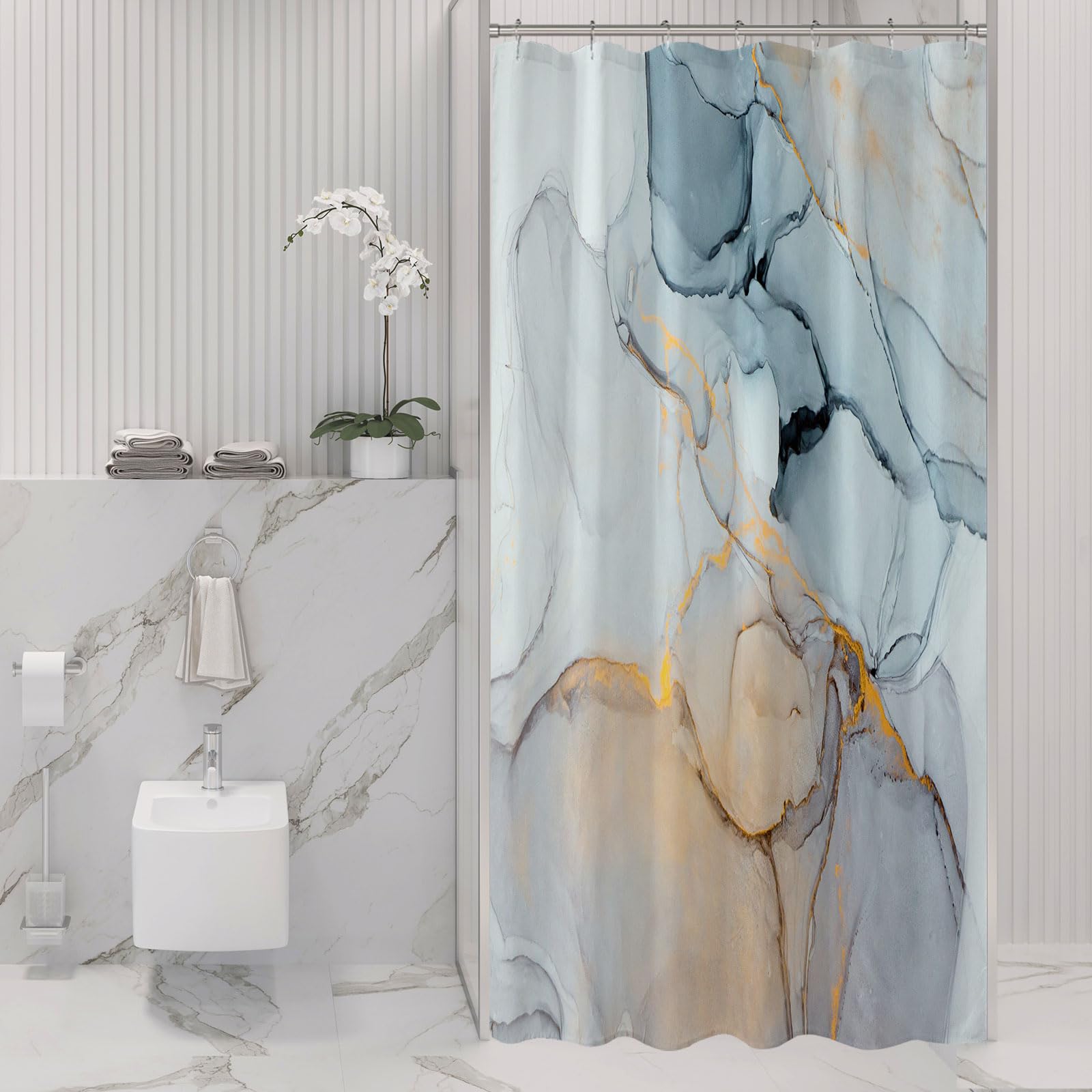 Gibelle Small Stall Shower Curtain 36 x 72 Inches - Narrow Half Abstract Grey Blue Marble Design, Modern Ink Art Waterproof Fabric Bathroom Curtain Set with Hooks - Perfect for Small Bathrooms, Apartments & RVs