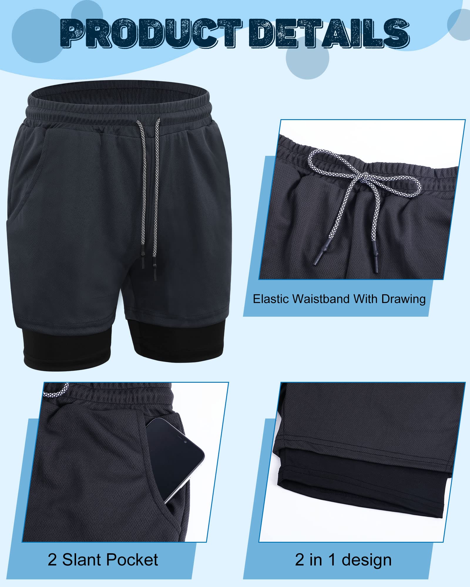 Sureio 6-Pack Men's 2-in-1 Workout Running Shorts - 5