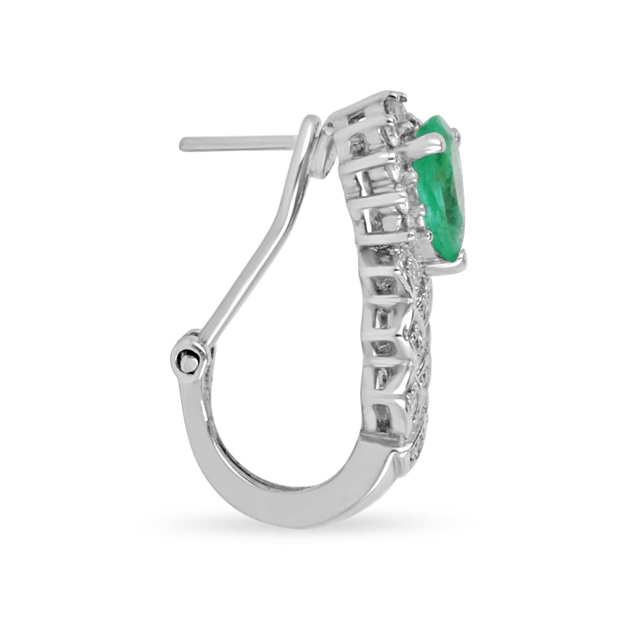3.15tcw Tear Drop Colombian Emerald & Diamond Omega Earrings in 14K Gold - Elegant Dangle Earrings for Women, Perfect for Weddings, Parties & Special Occasions