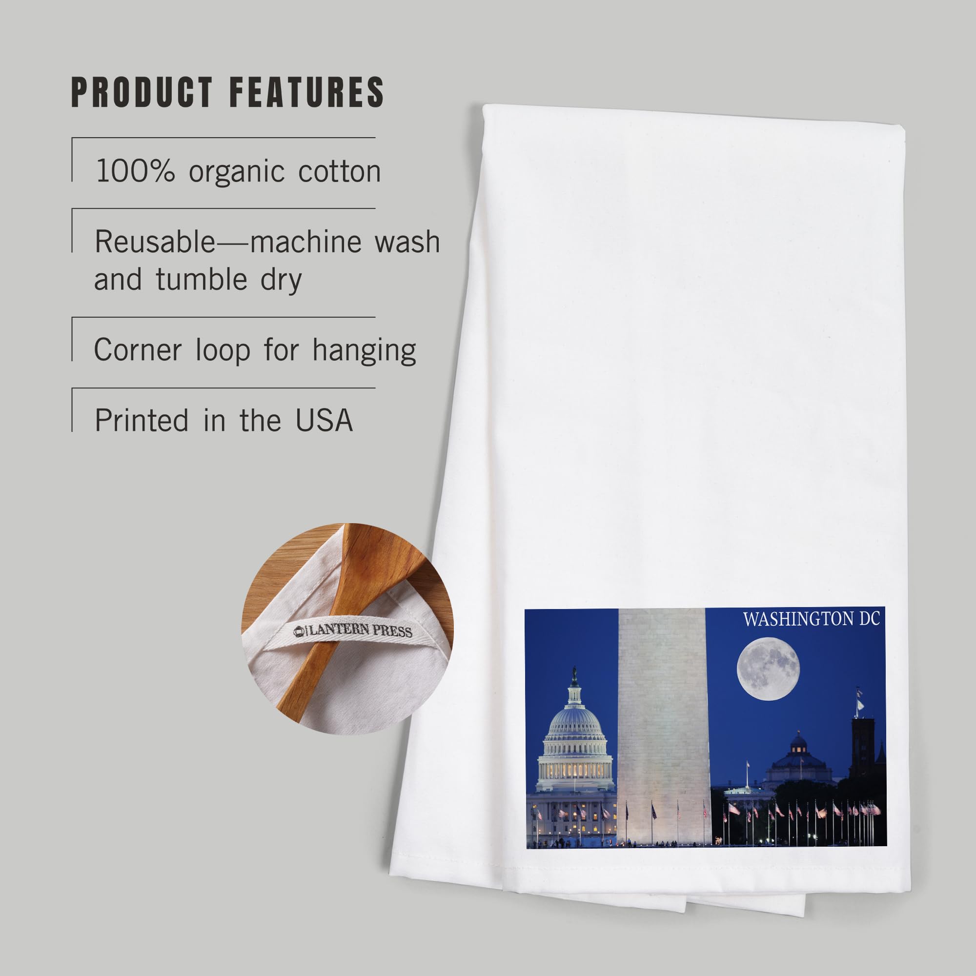 Lantern Press Skyline and Full Moon Washington DC Tea Towel - 100% Cotton Decorative Hand Towel for Kitchen & Home Decor | Perfect for Gift, Dish Drying, and Wall Art Display